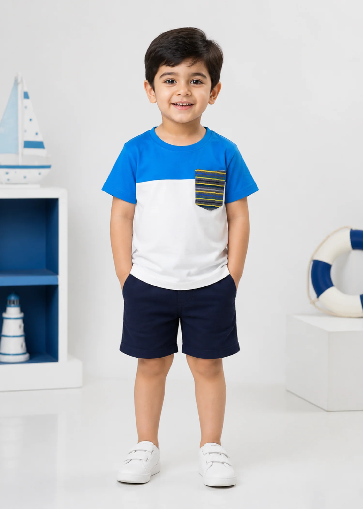 single jersey knit T Shirt in Royal blue, white