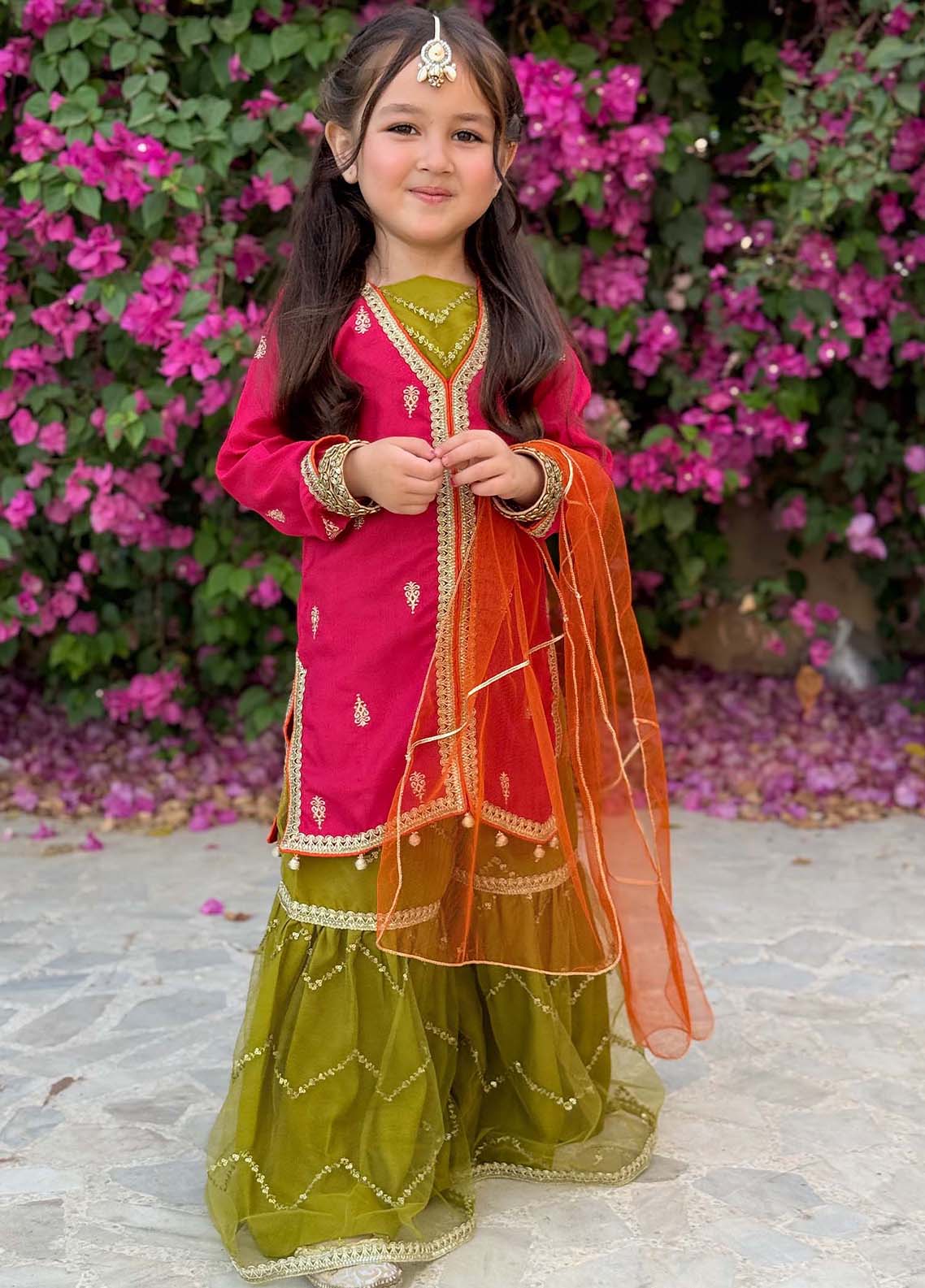raw silk Gharara in Hot pink