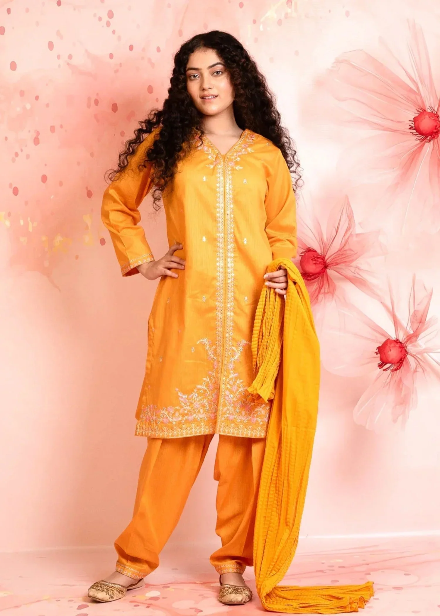 cotton Kurta Set in Orange