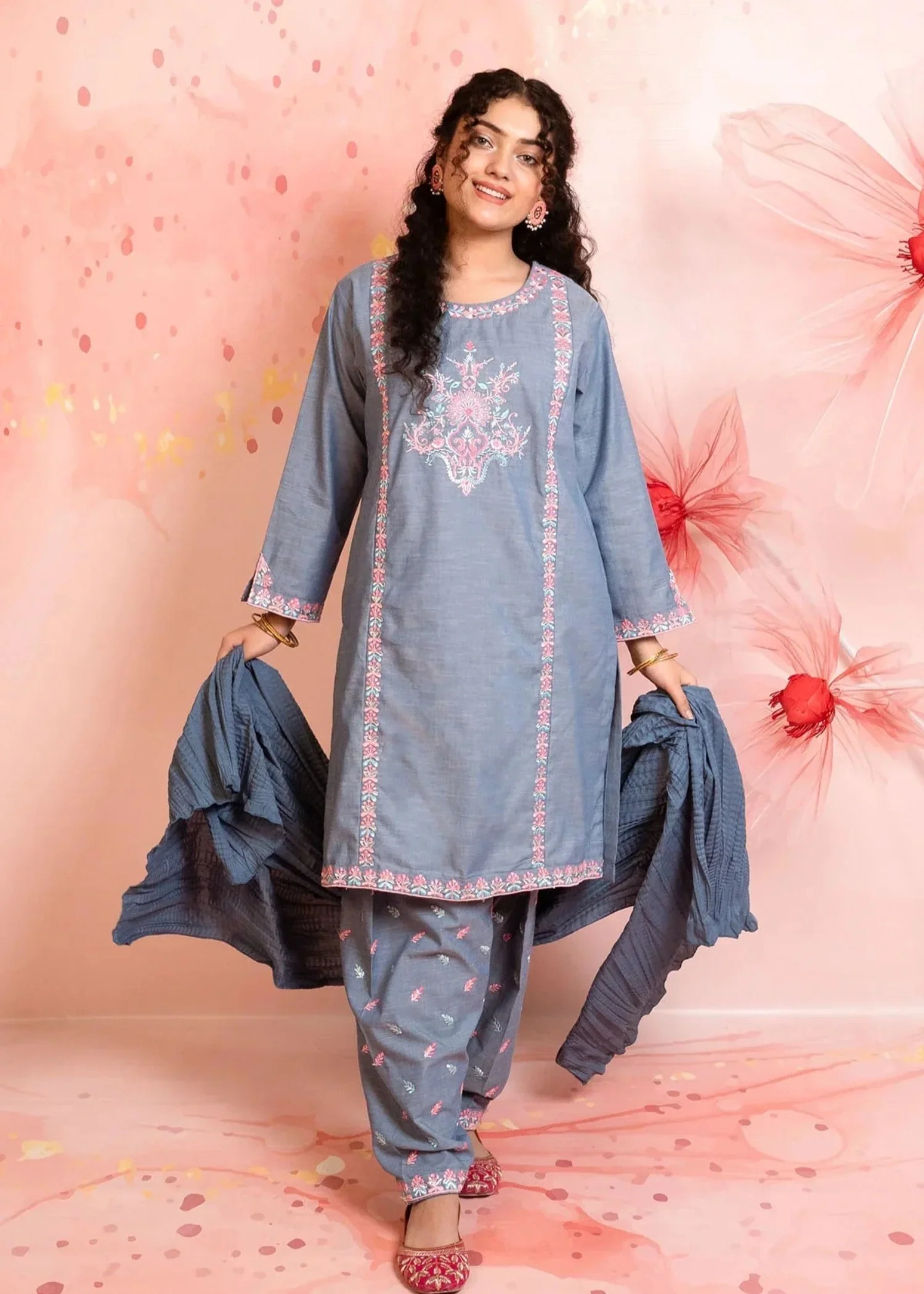 cotton Kurta Set in Grey