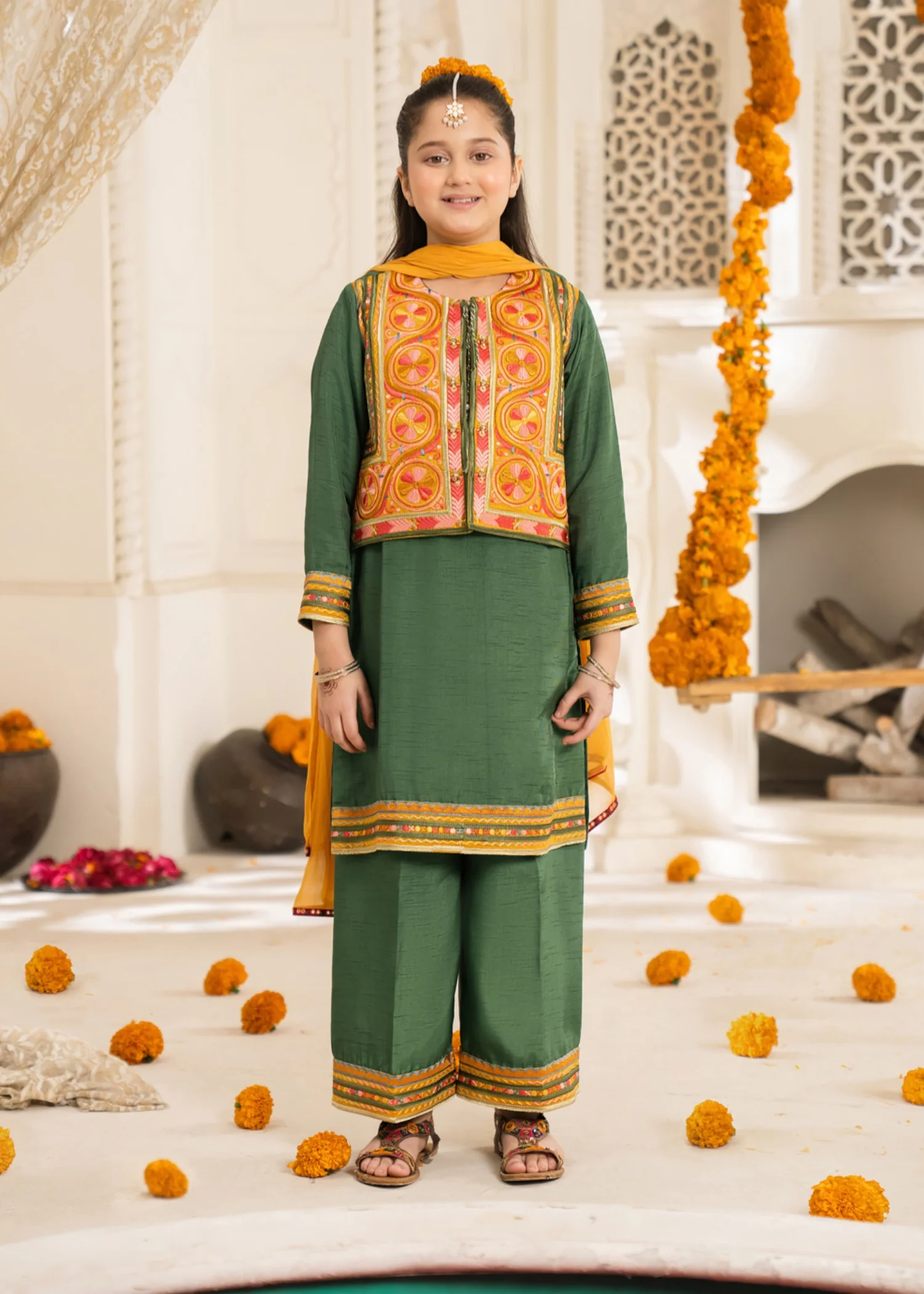 silk Kurta Set in Dark green