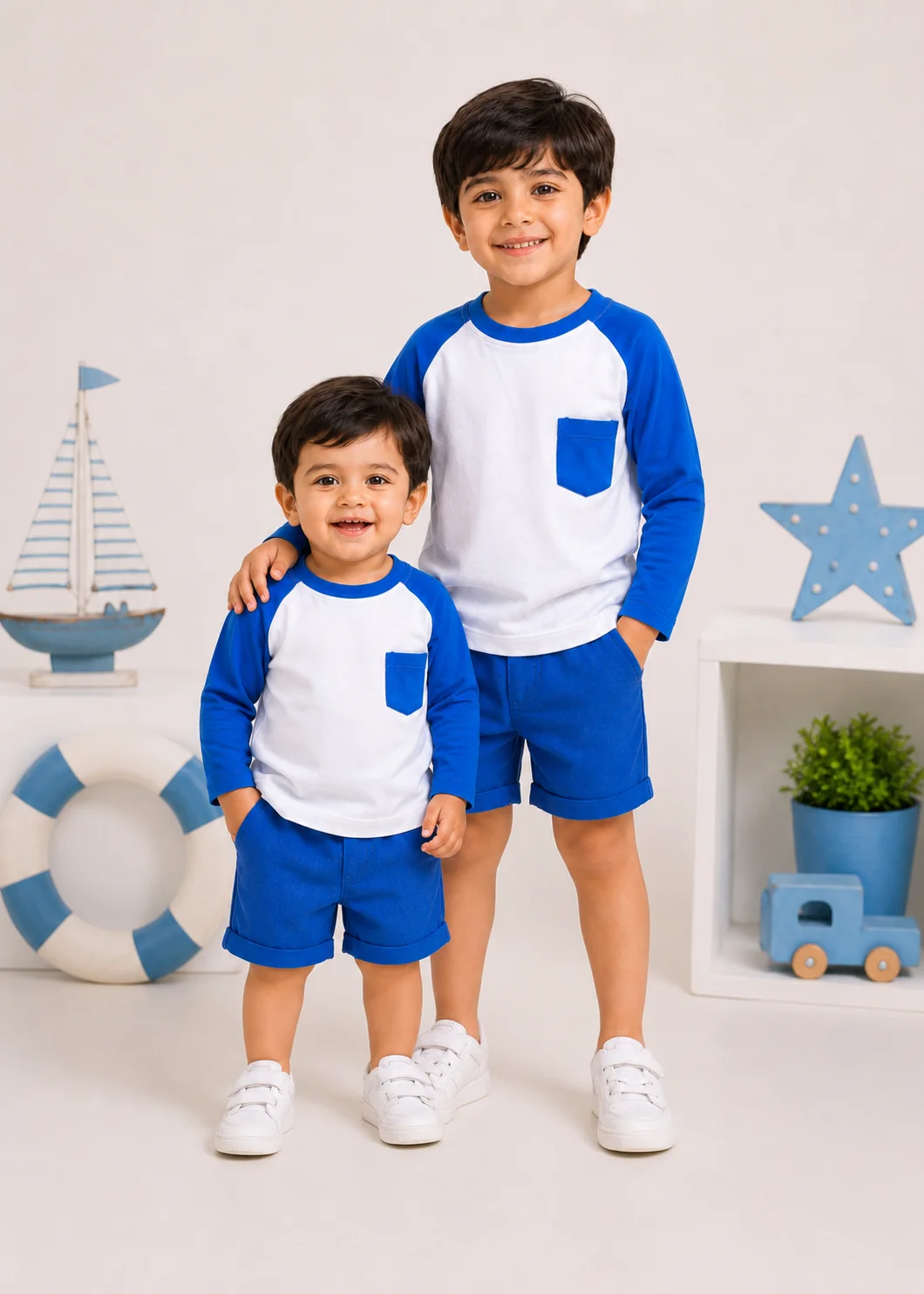 single jersey knit T Shirt in Royal blue, white