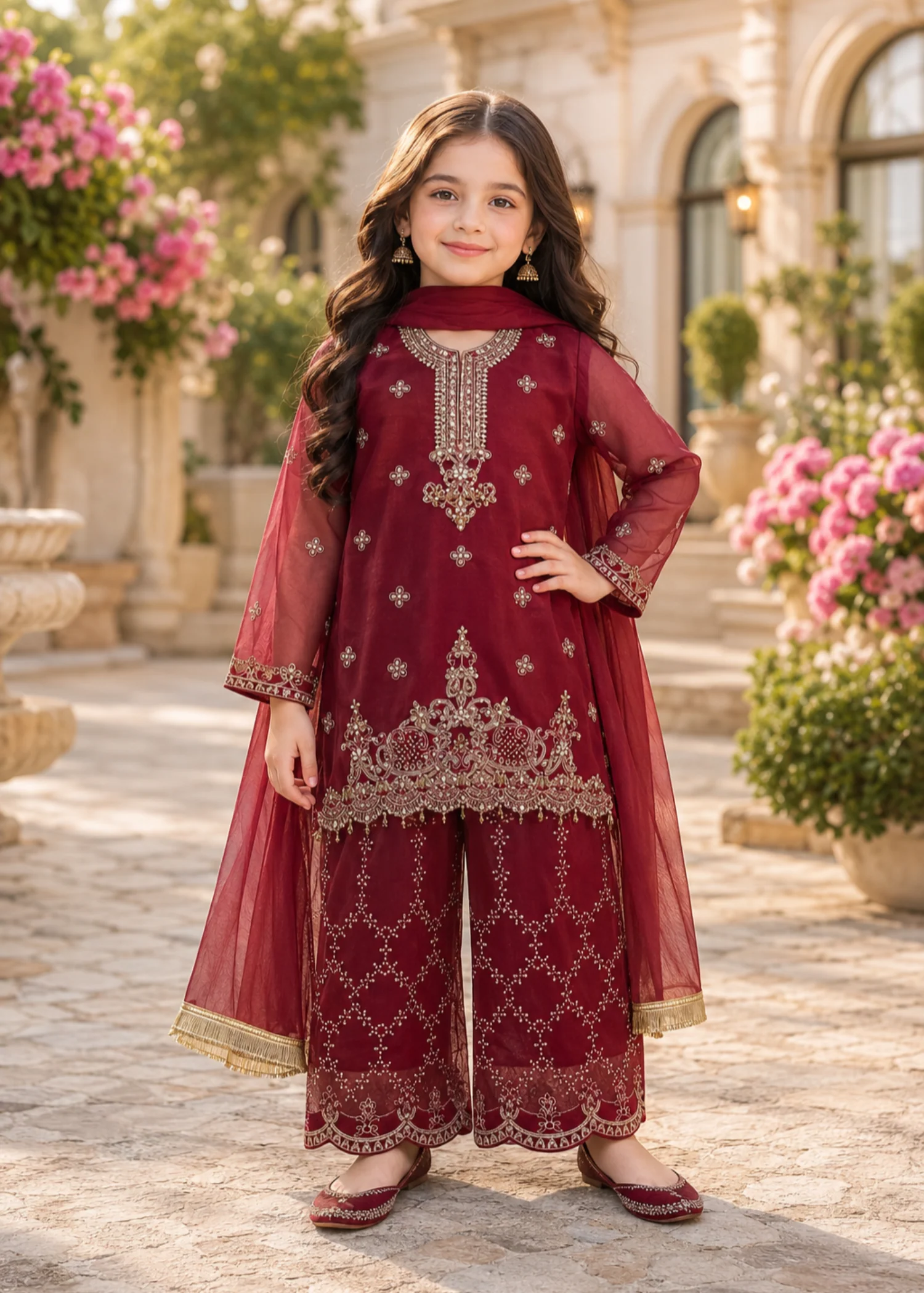 organza Kurta Set in Carmine