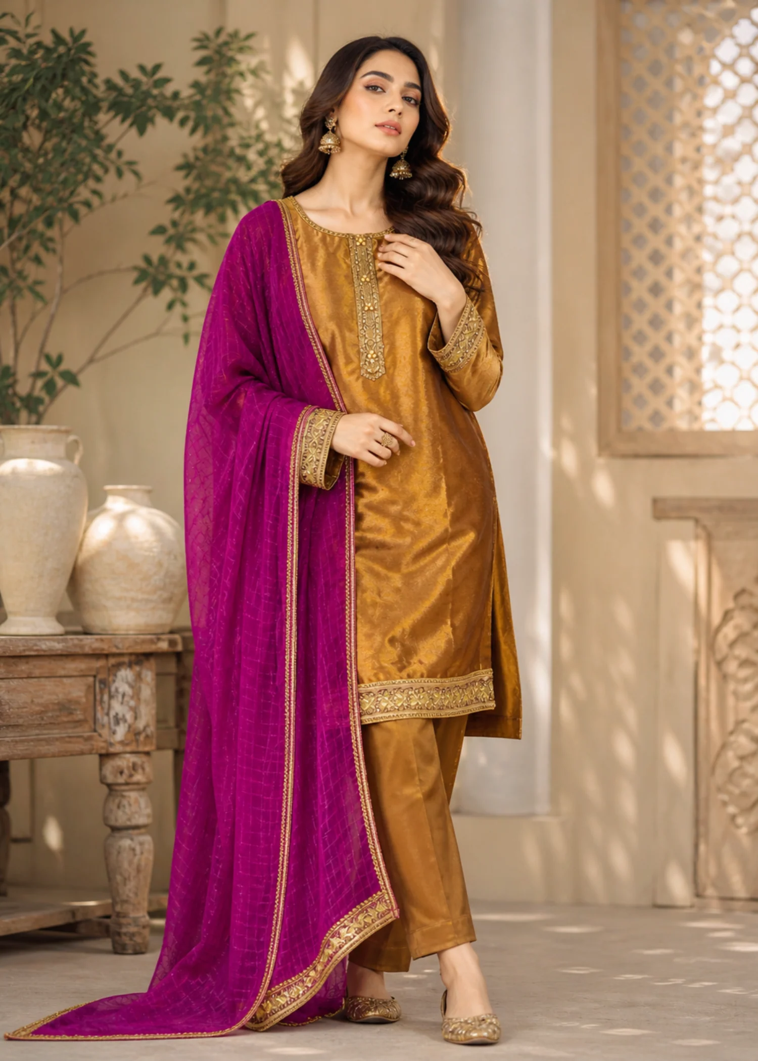 raw silk Kurta Set in Copper orange