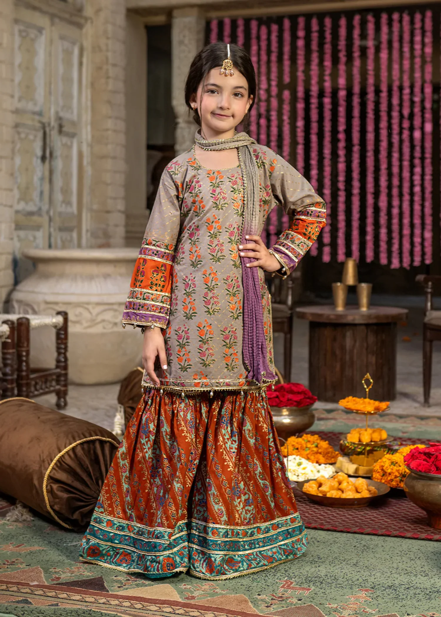 cotton Gharara in Orange, ash grey