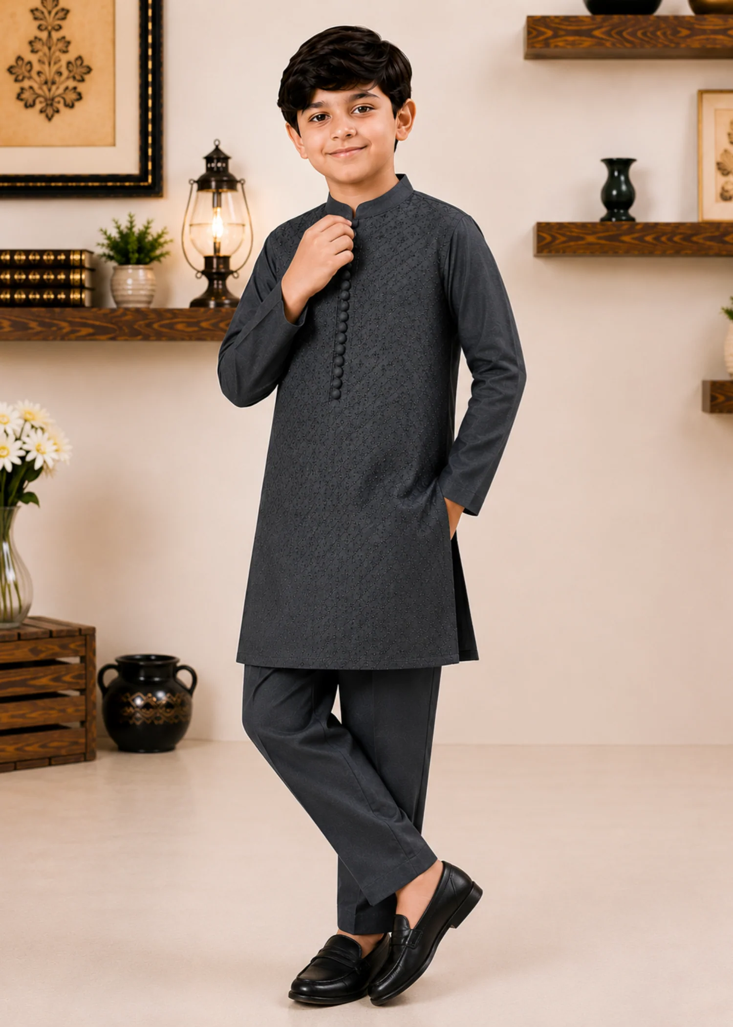 cotton Kurta Set in Smoke black