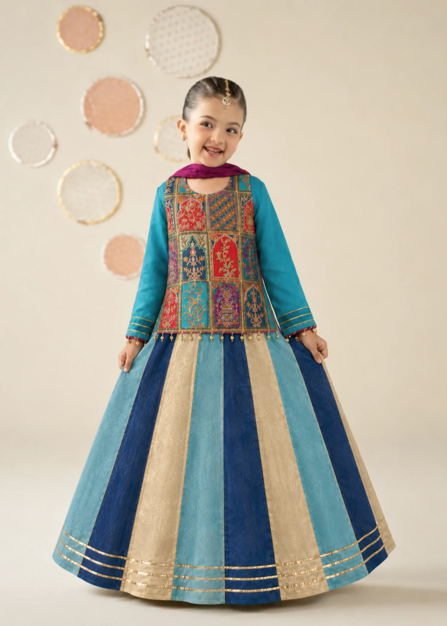silk Lehenga in Multi, pacific blue