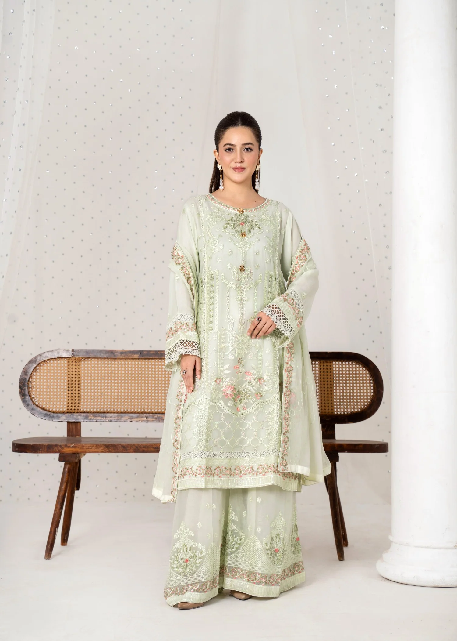 pk crinkle chiffon Kurta Set in Pistachio green