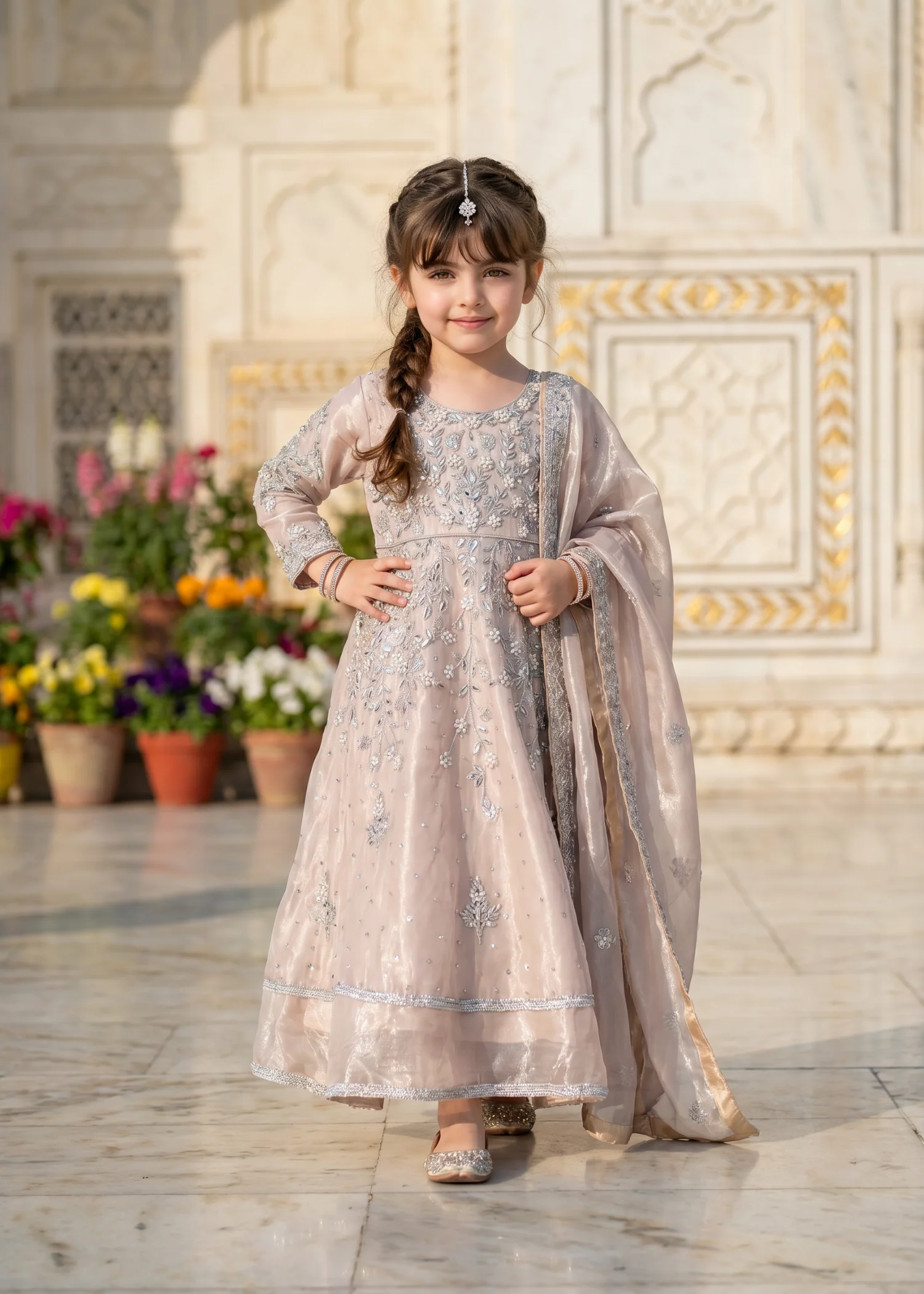 tissue silk Pishwas in Pastel pink
