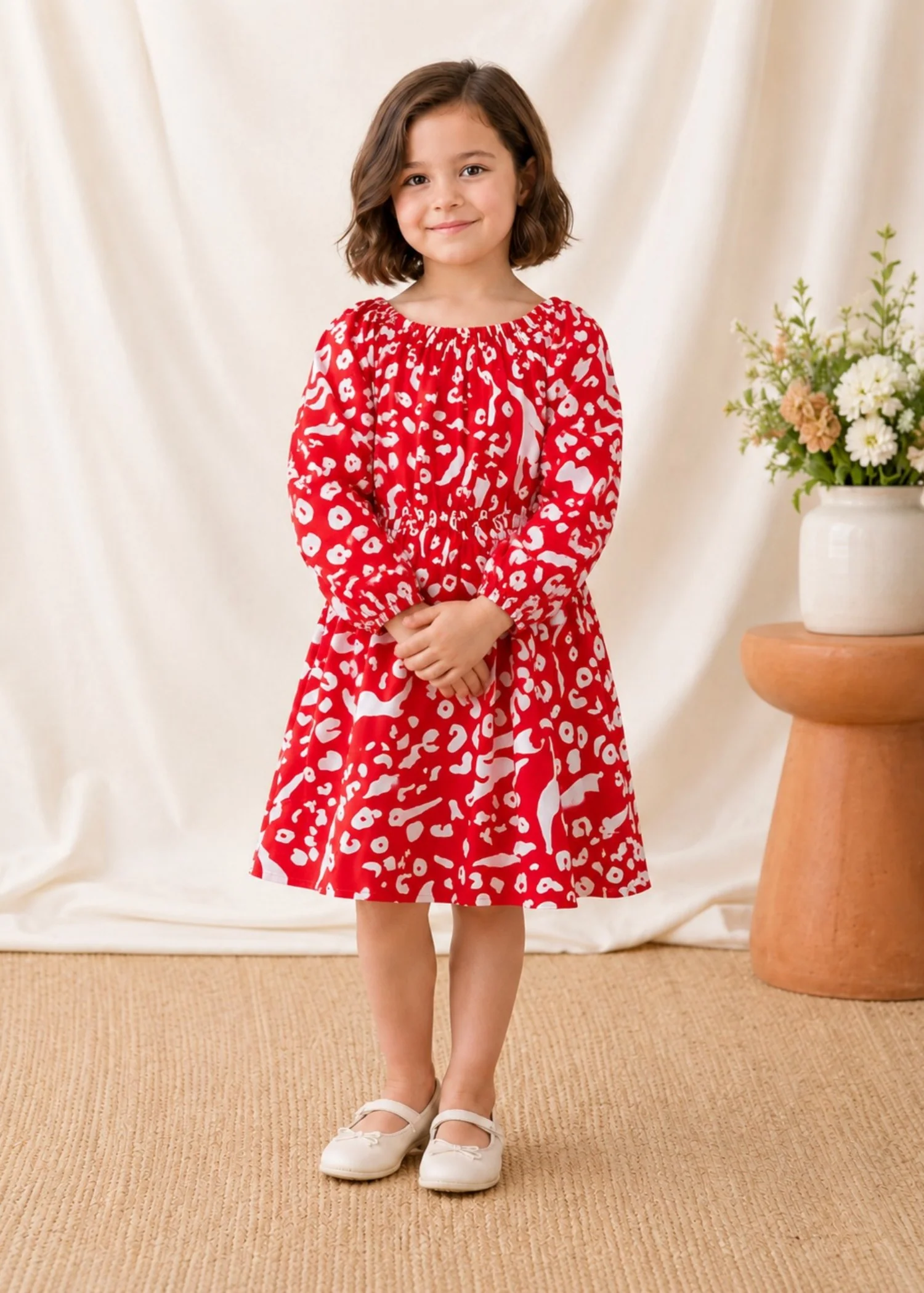 linen Frock in Red, white