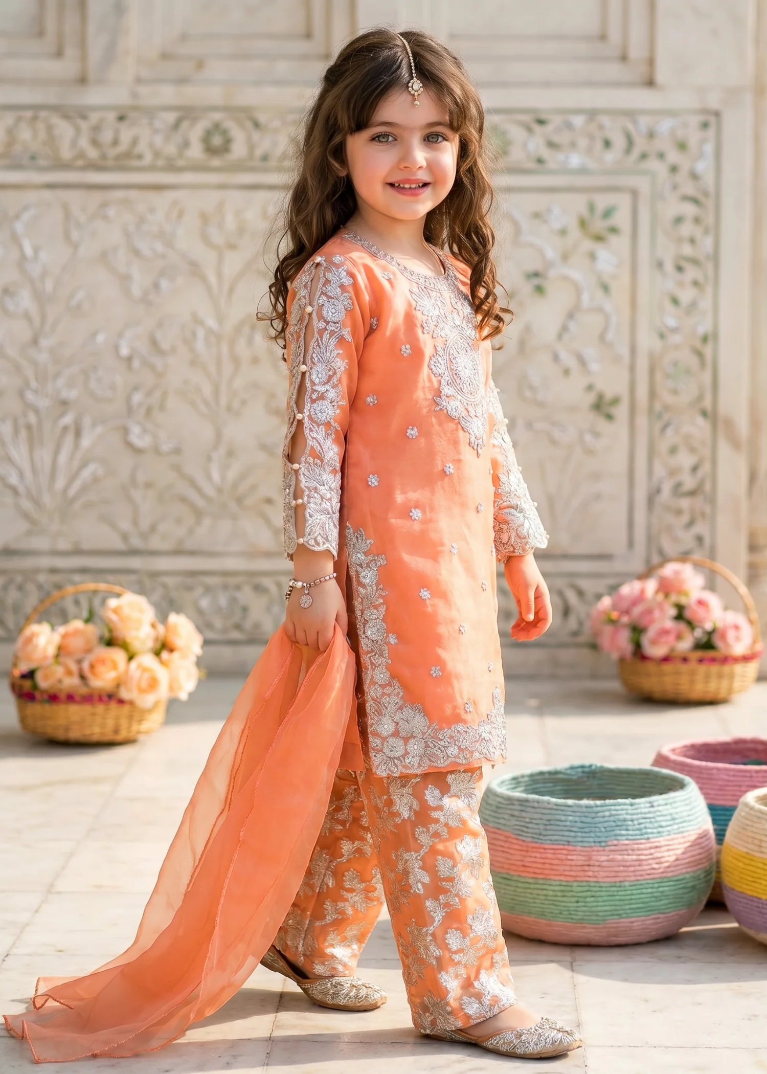organza Kurta Set in Peach pink