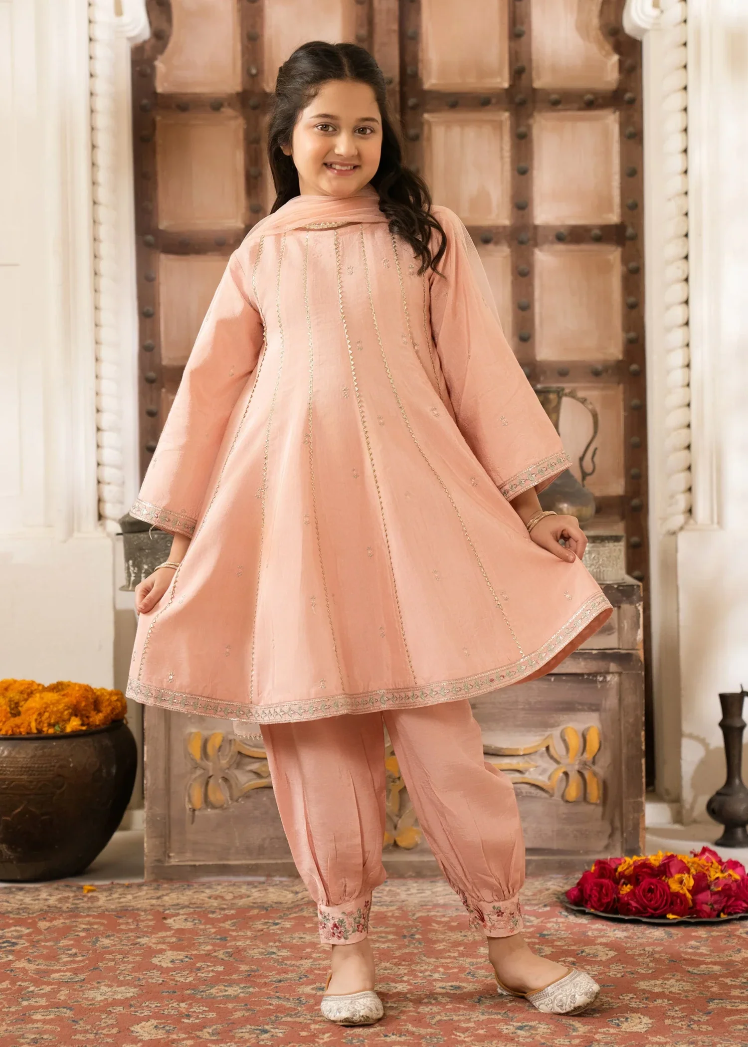 silk Short Frock in Peach pink