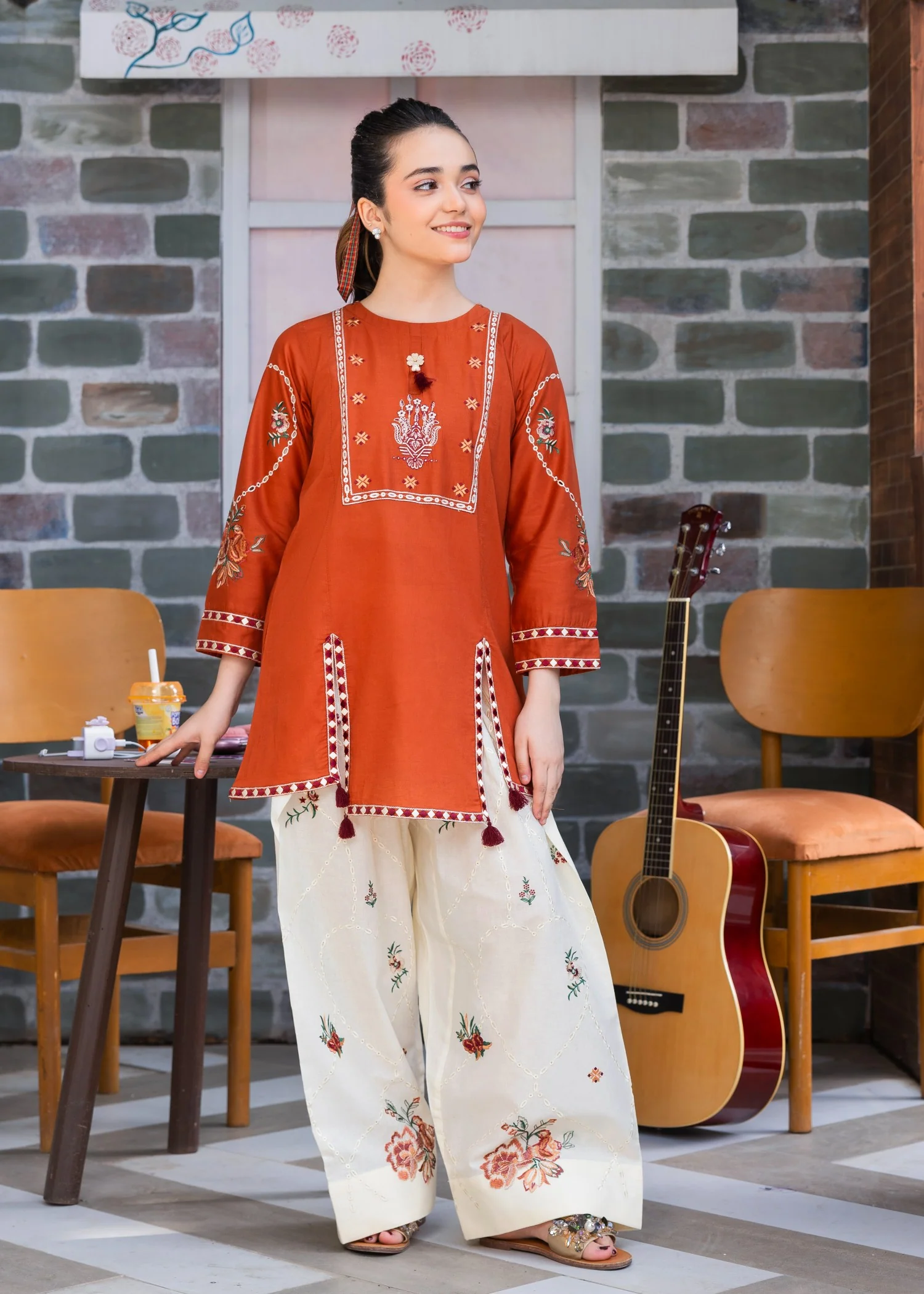 lawn cotton Kurta Set in Rust orange