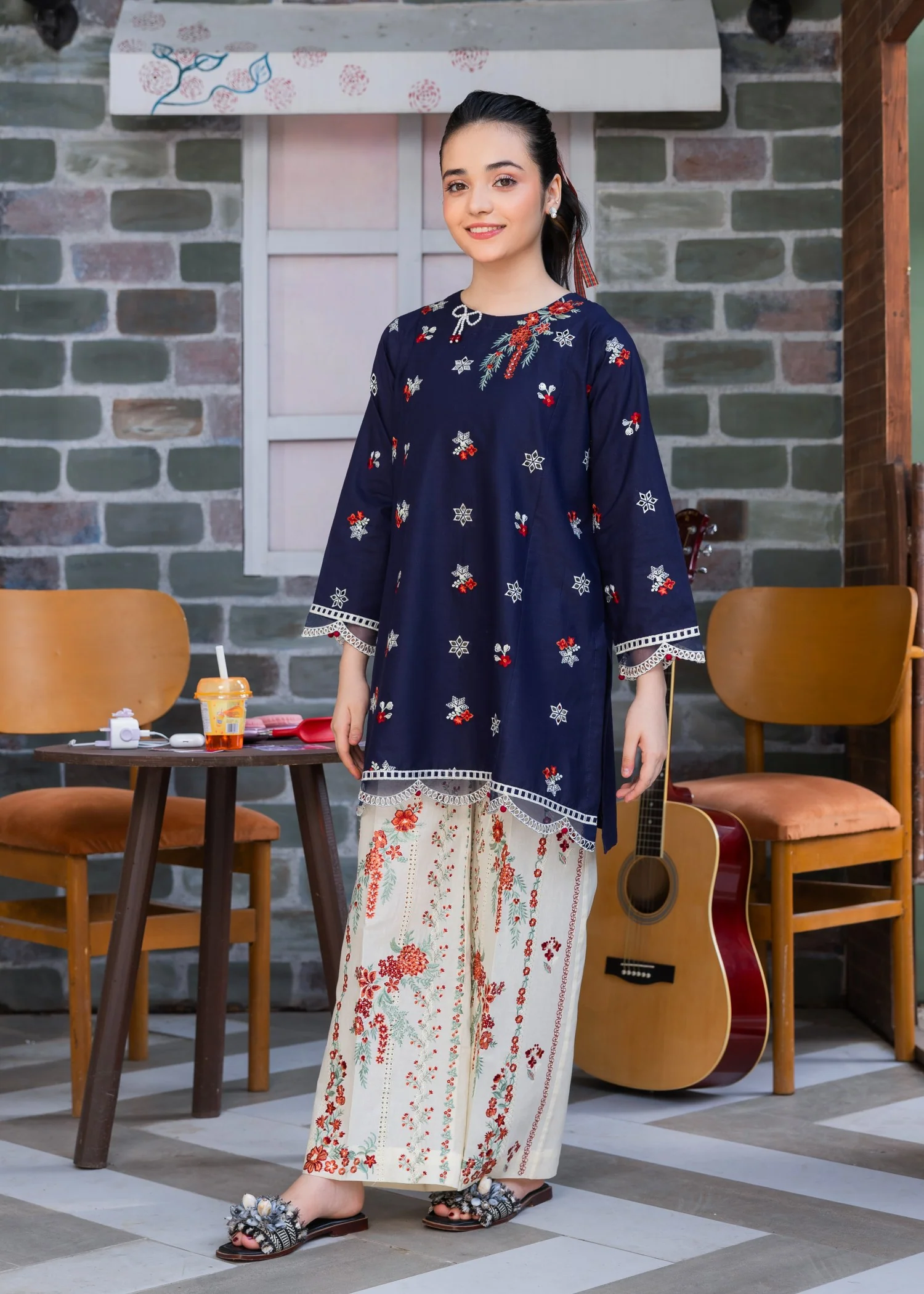 lawn cotton Kurta Set in Navy blue