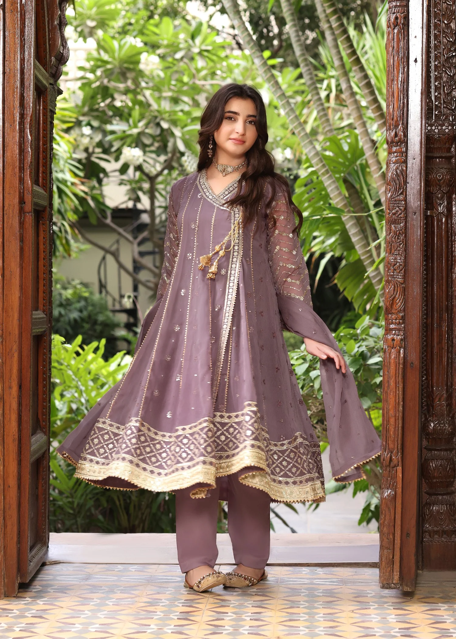 chiffon Angrakha in Mauve pink