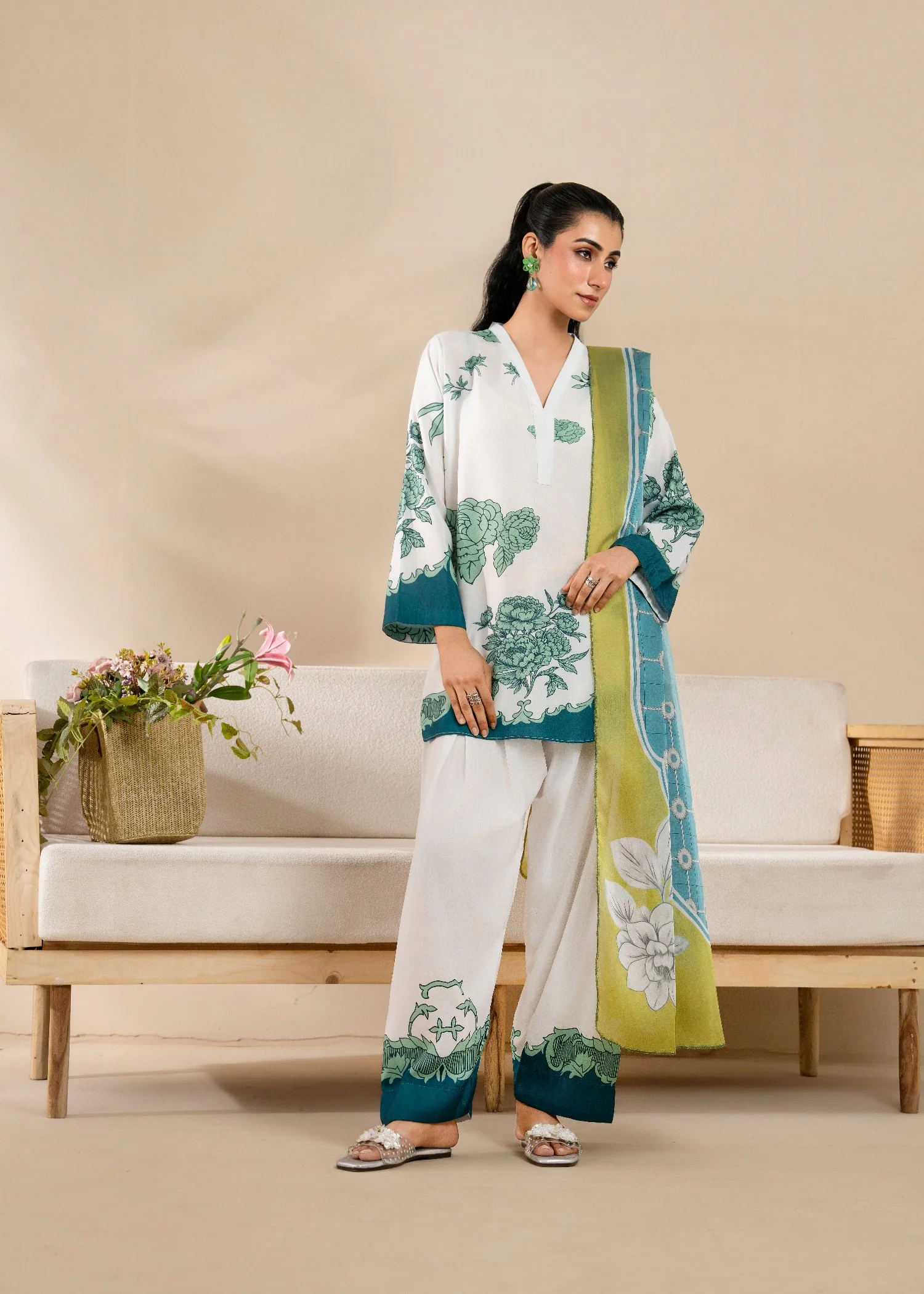 poly lawn Kurta Set in White, emerald green