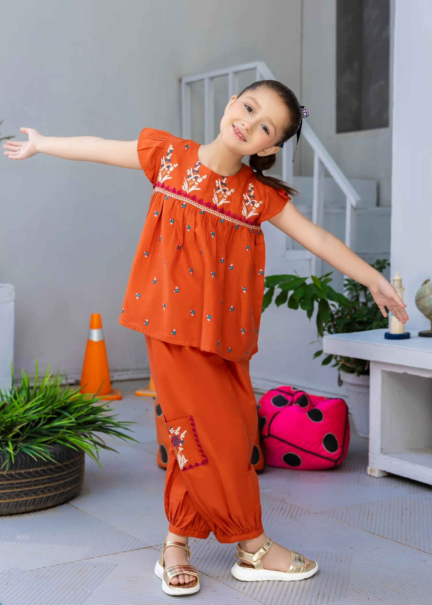 lawn cotton Short Frock in Rust orange