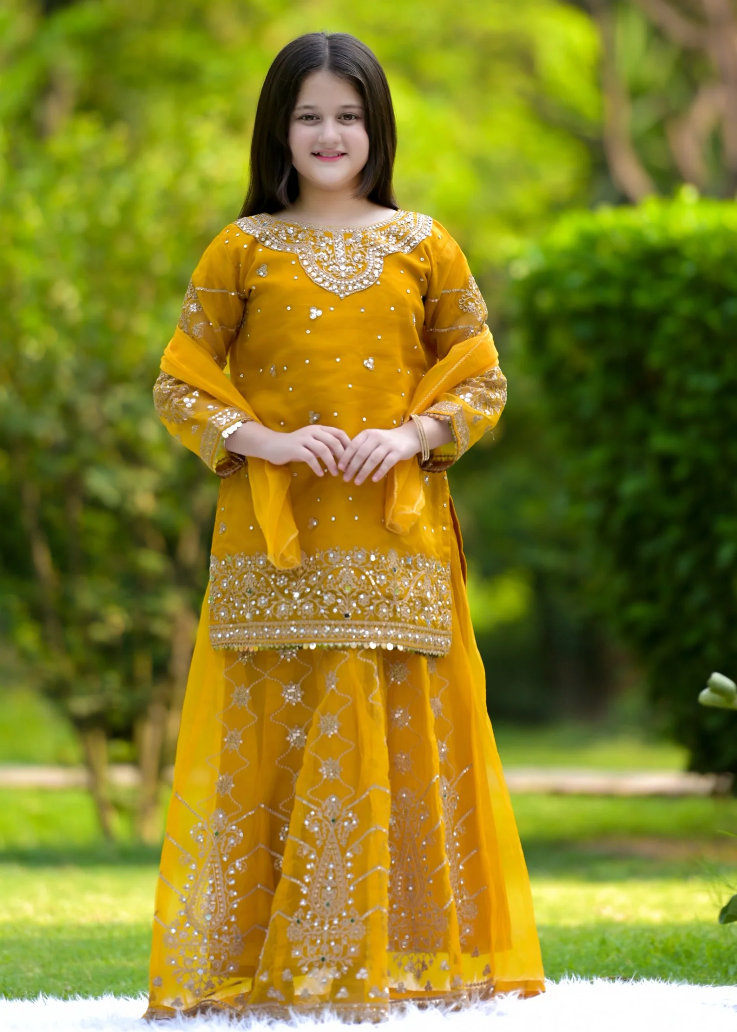 organza Lehenga in Golden orange