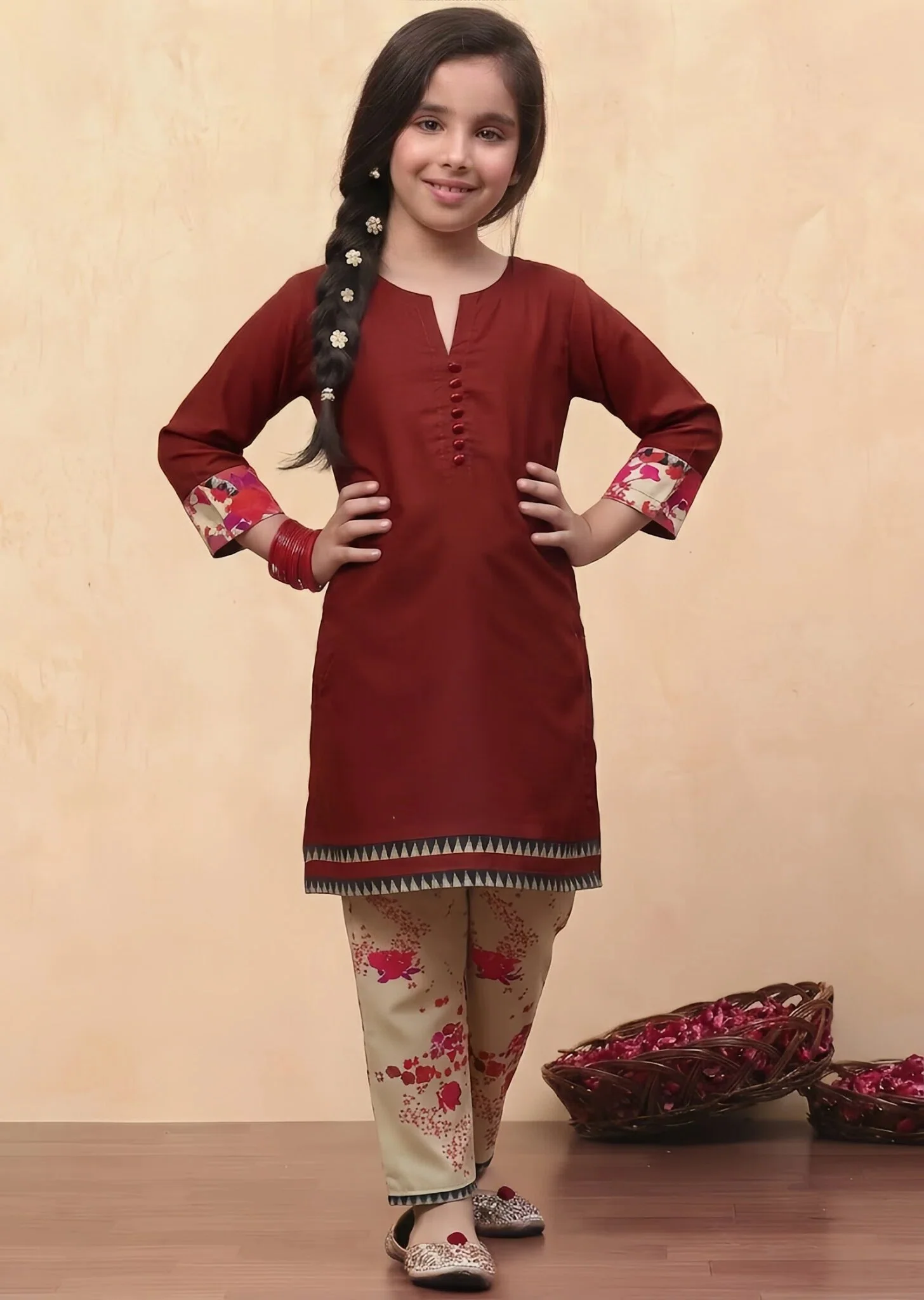 poly lawn Kurta Set in Maroon
