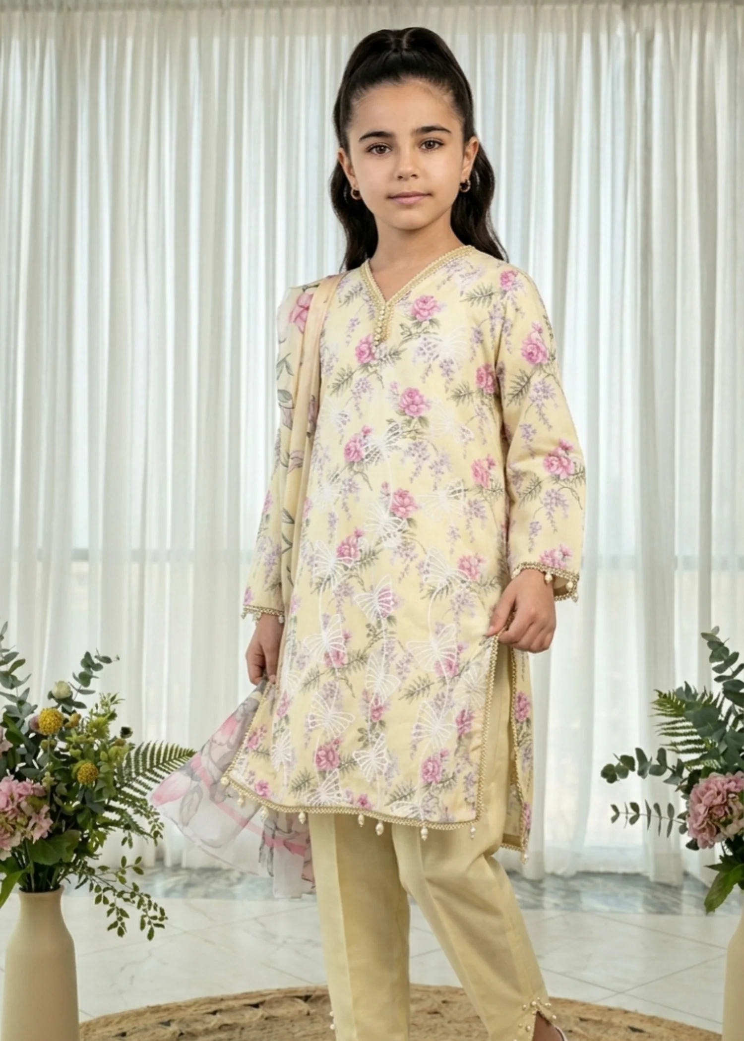silk finish lawn Kurta Set in Cream