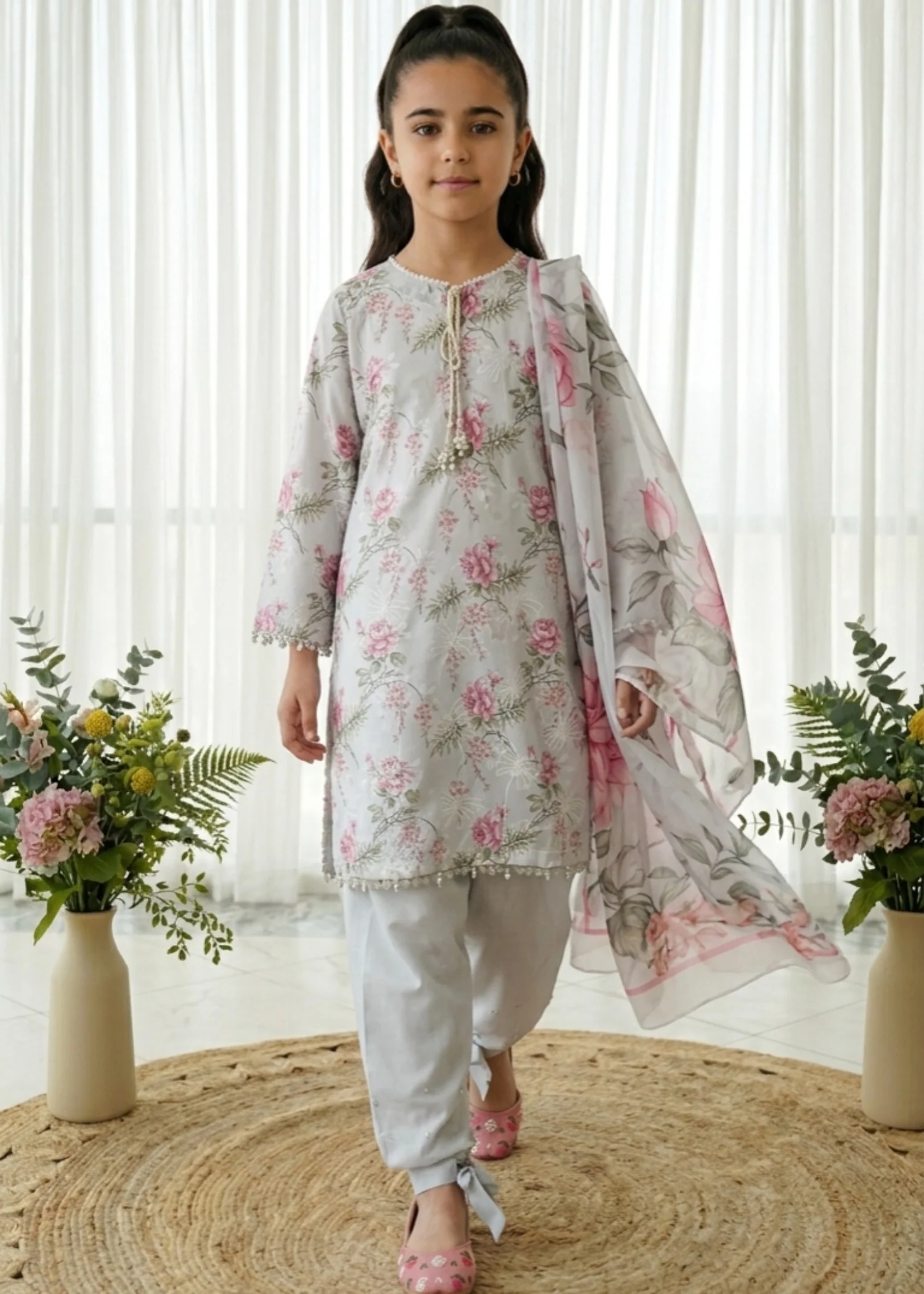silk finish lawn Kurta Set in Pastel grey