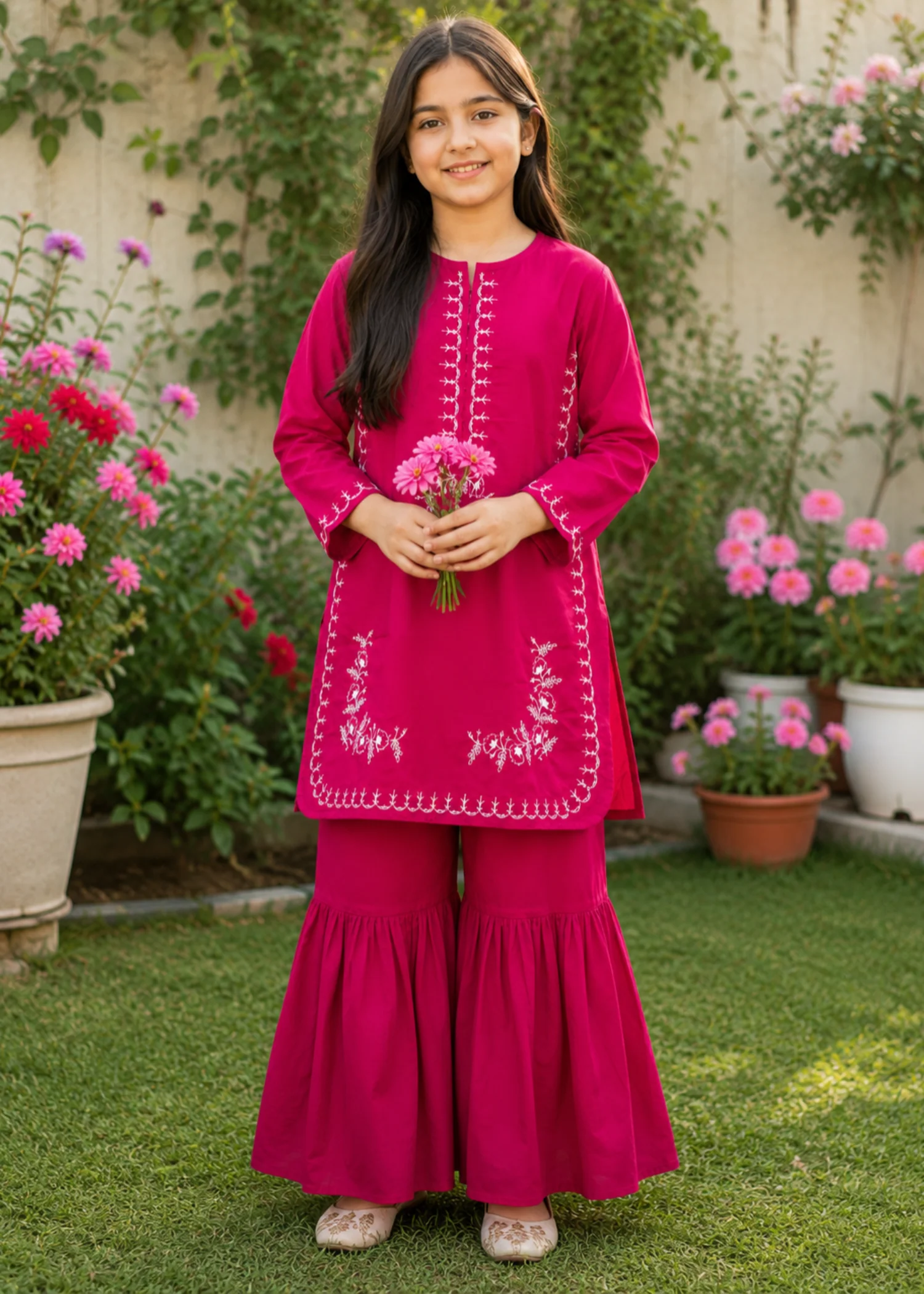 lawn Gharara in Hot pink