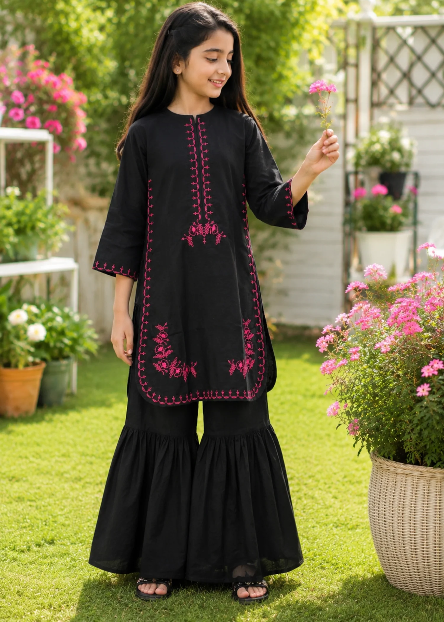 lawn Gharara in Black