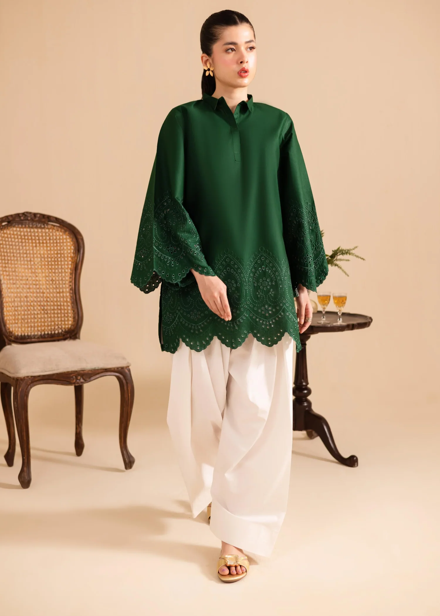 lawn Kurta Set in Dark green