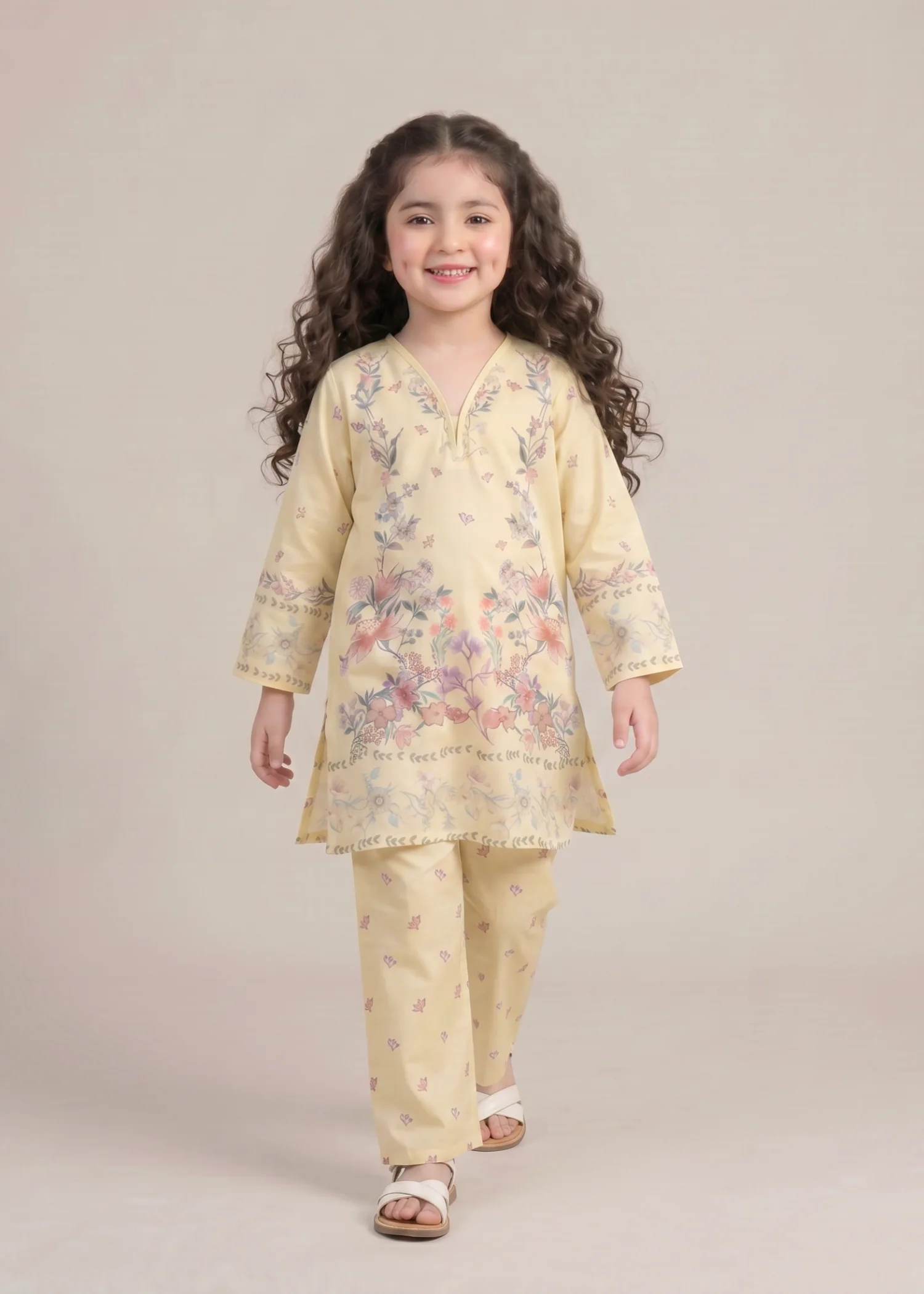 polyester crepe Kurta Set in Light yellow