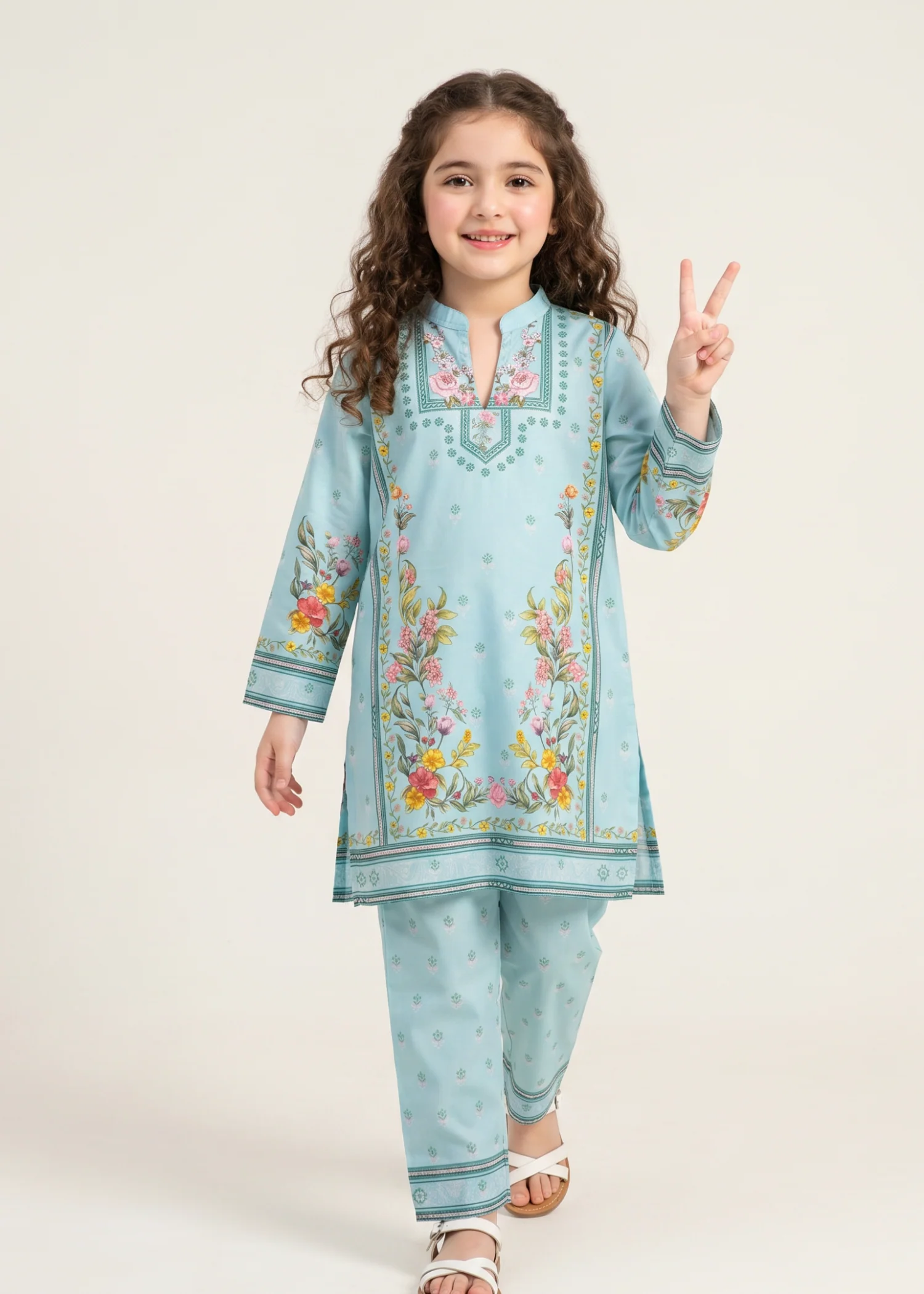 polyester crepe Kurta Set in Sky blue
