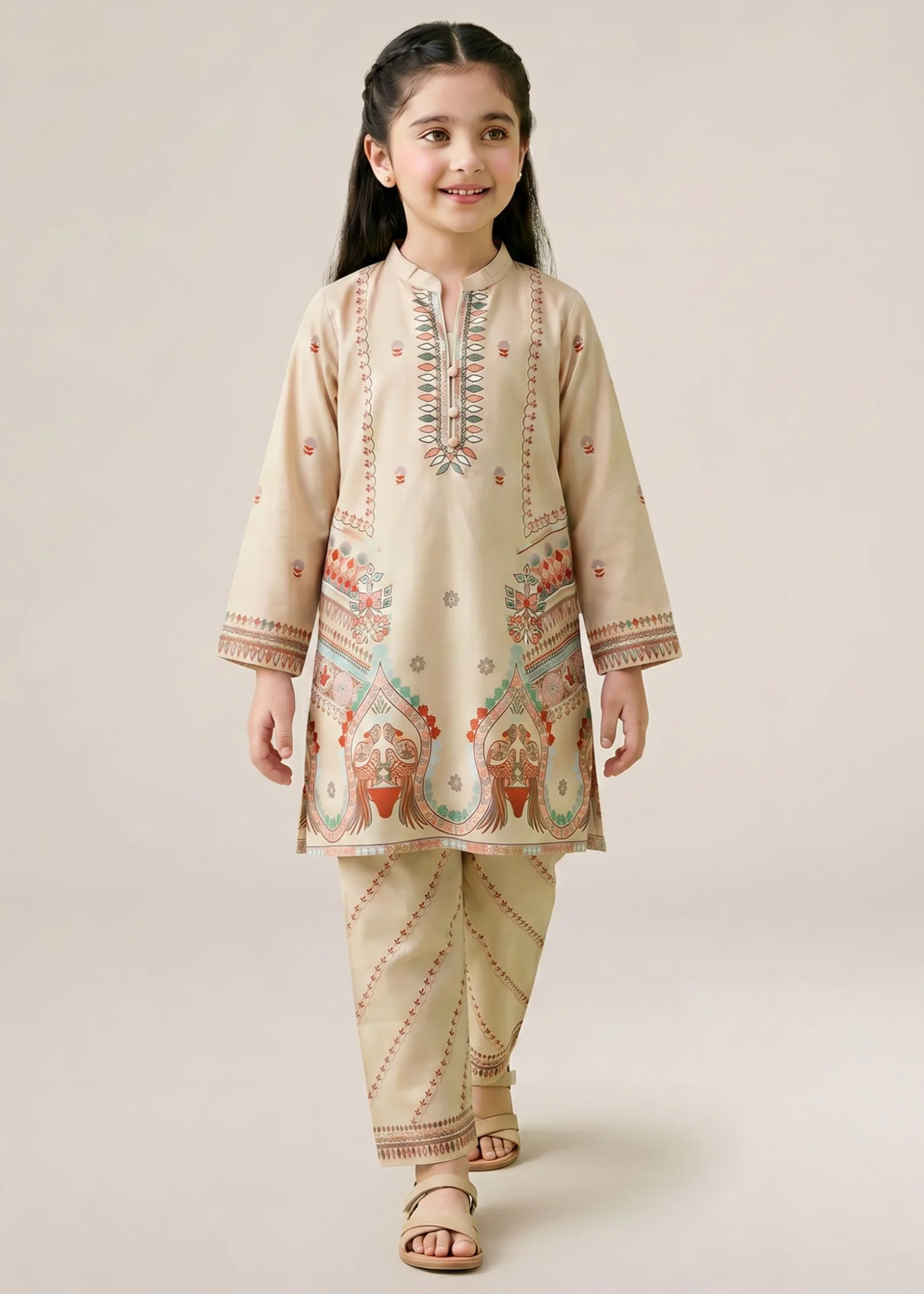 polyester crepe Kurta Set in Beige