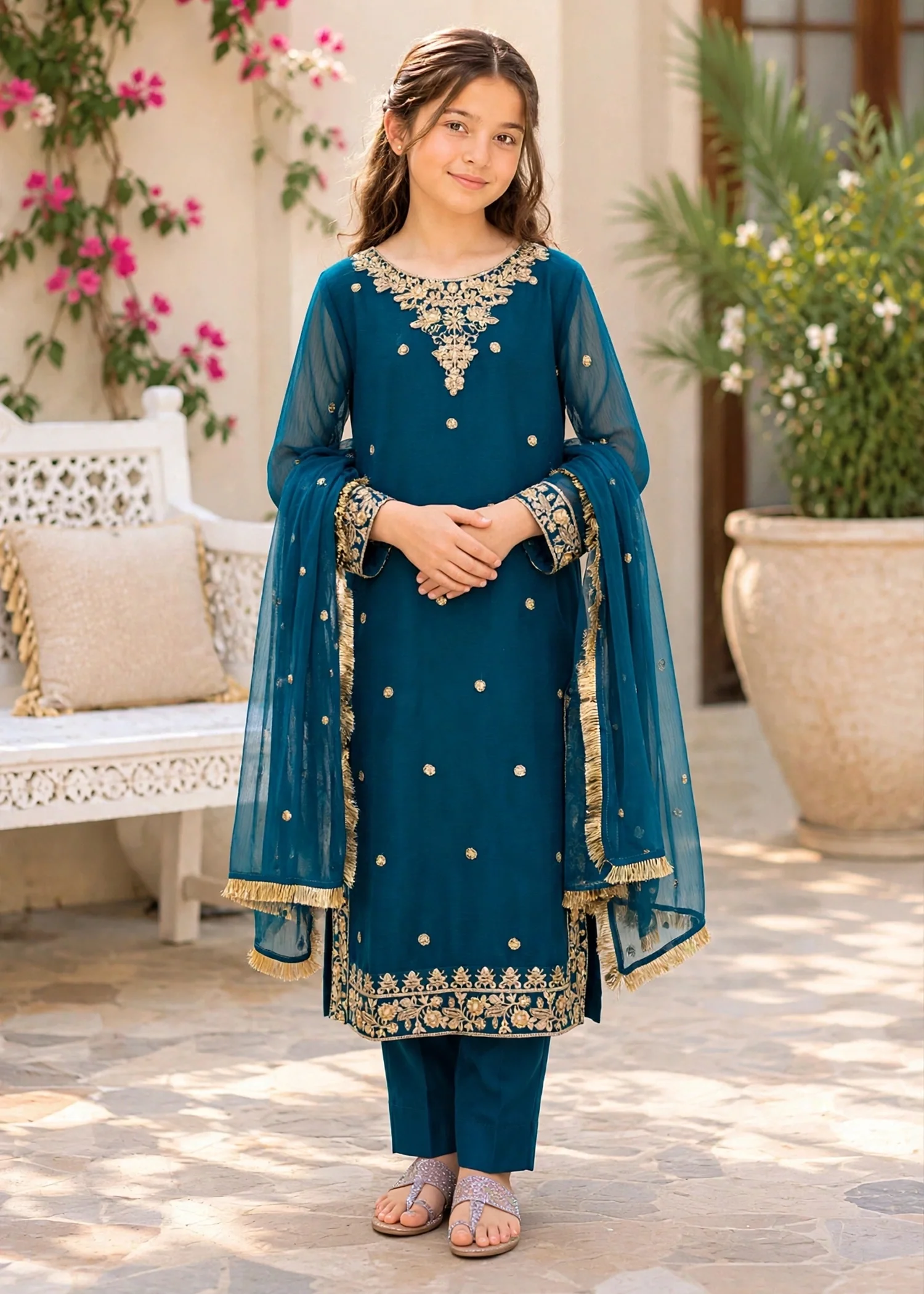 crinkle chiffon Kurta Set in Navy blue
