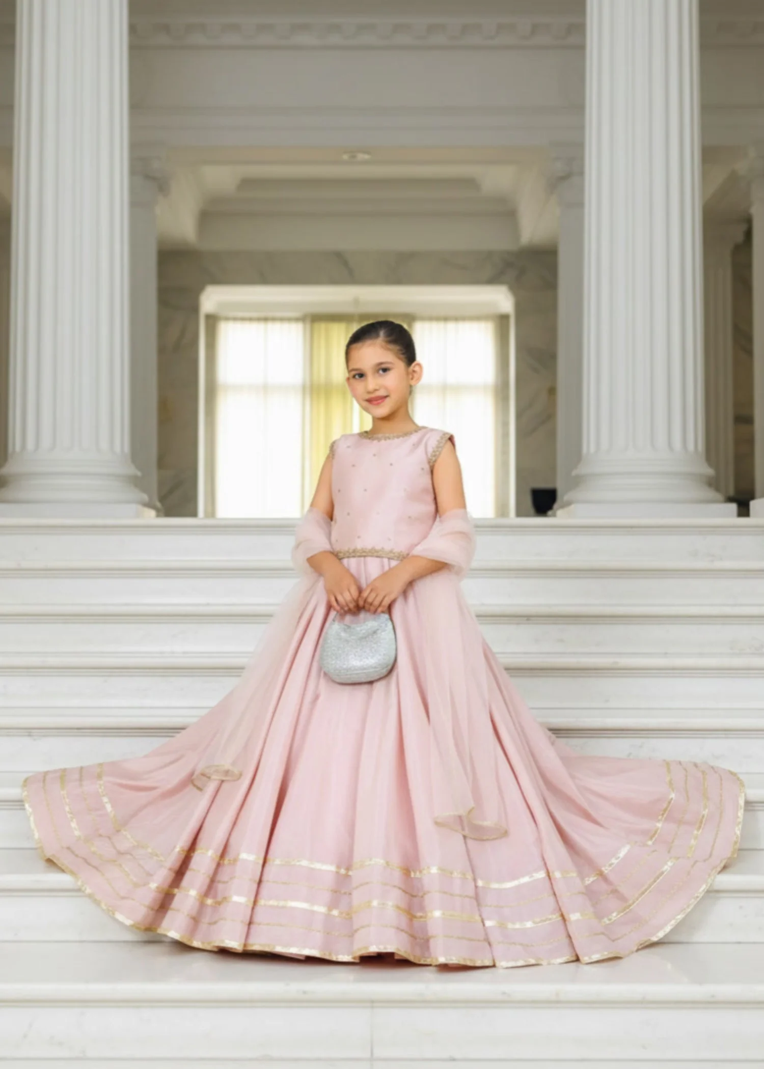 korean raw silk Lehenga in Tea rose pink