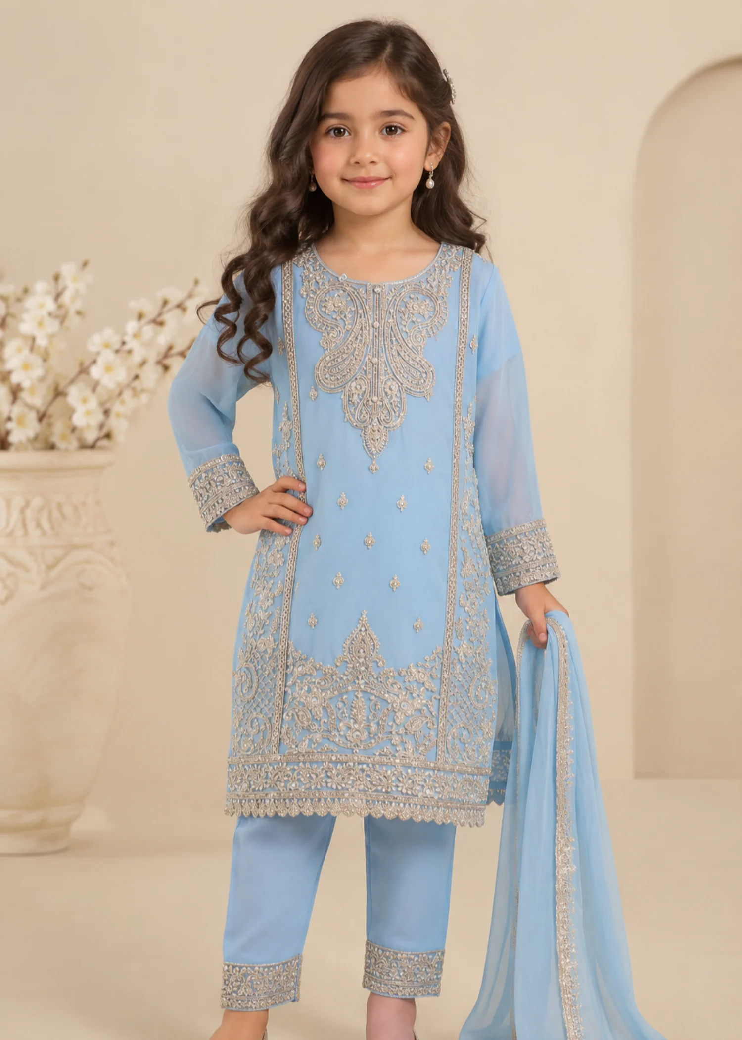 chiffon Kurta Set in Powder blue