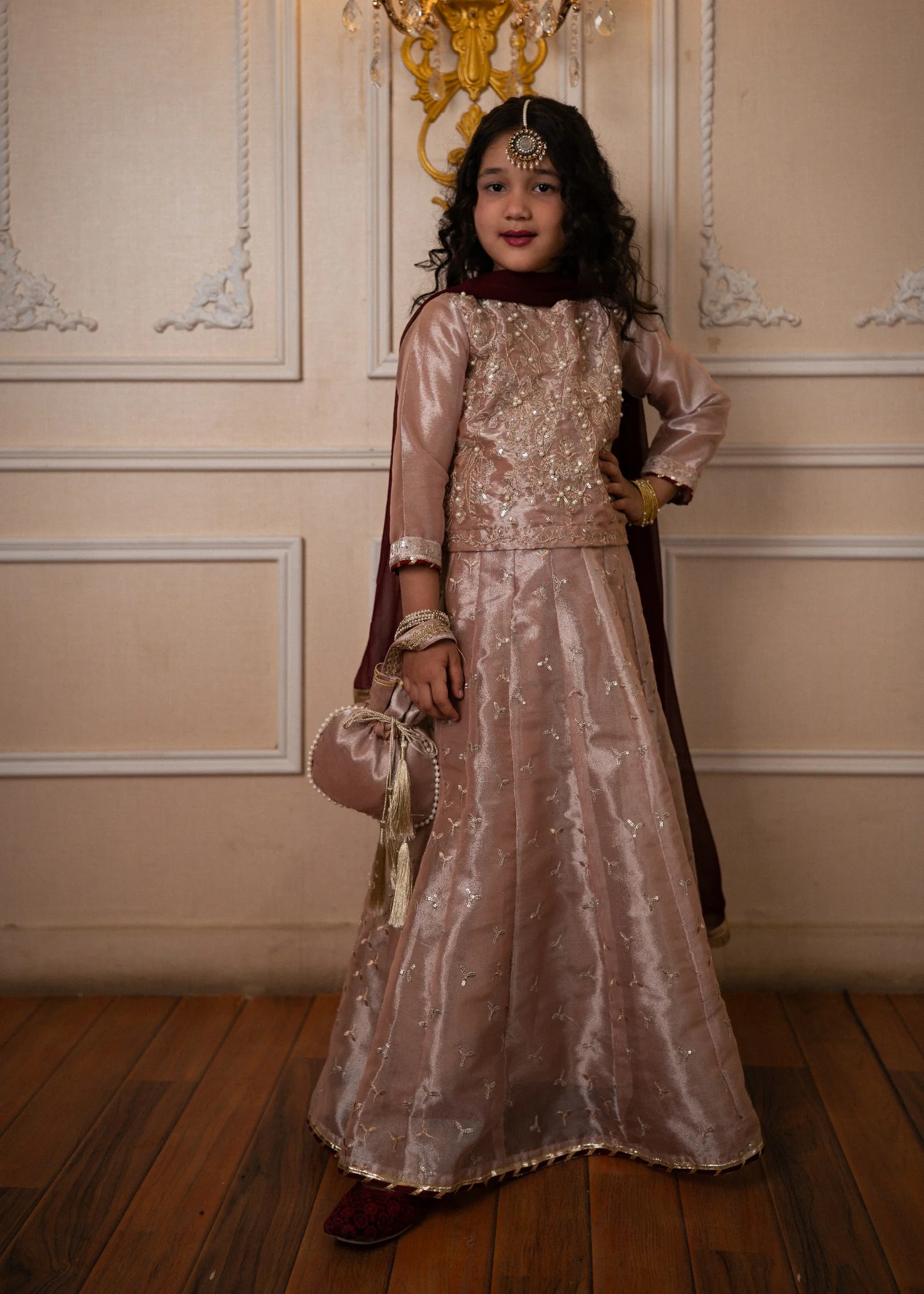 tissue silk Lehenga in Apricot orange