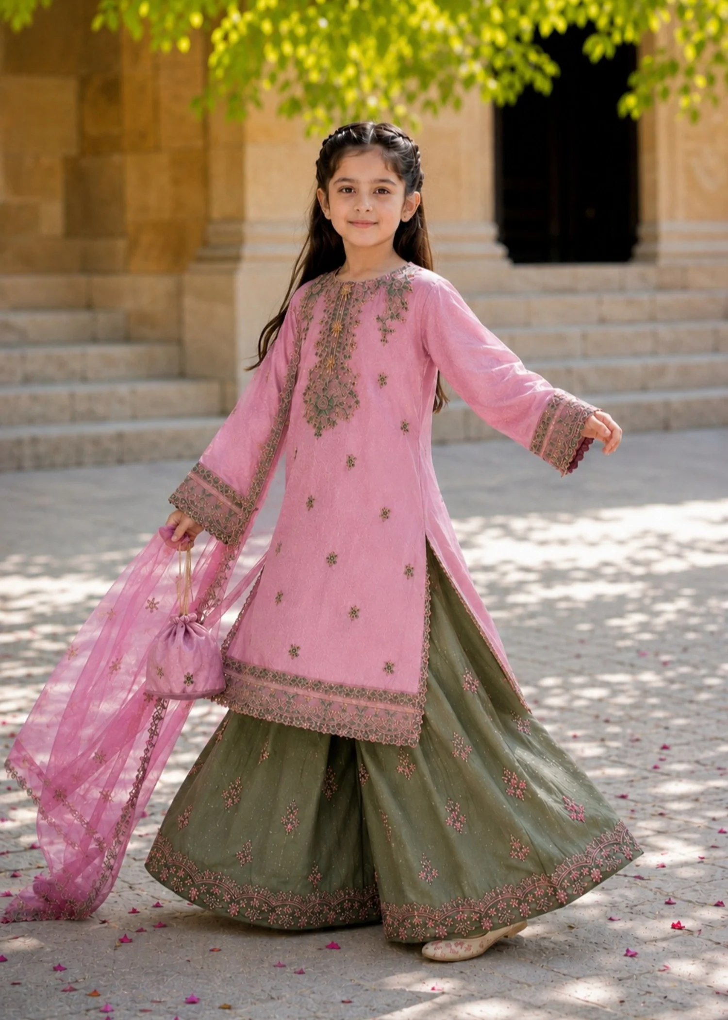 raw silk Sharara in Tea rose pink, sage green
