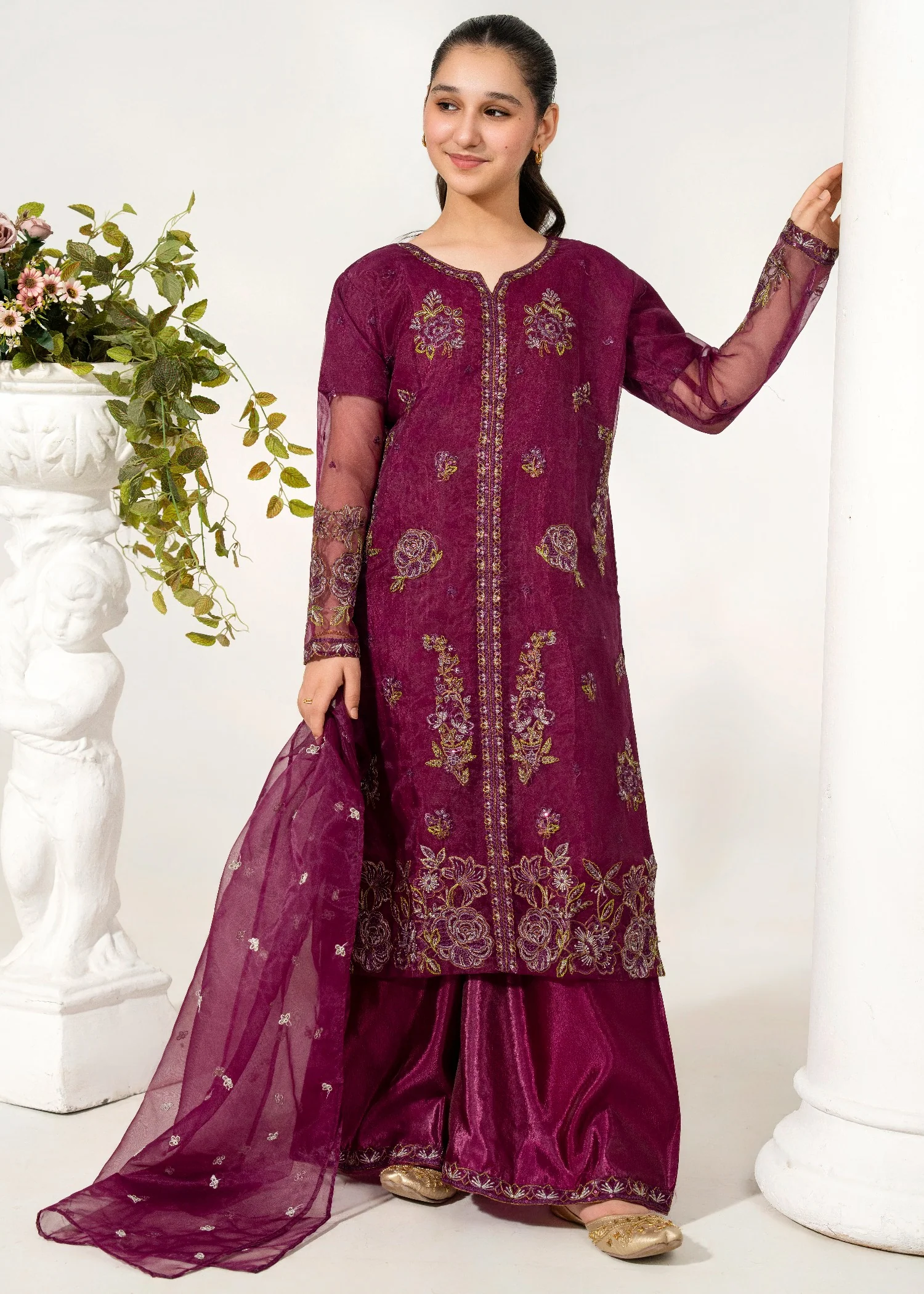 organza Kurta Set in Grape wine