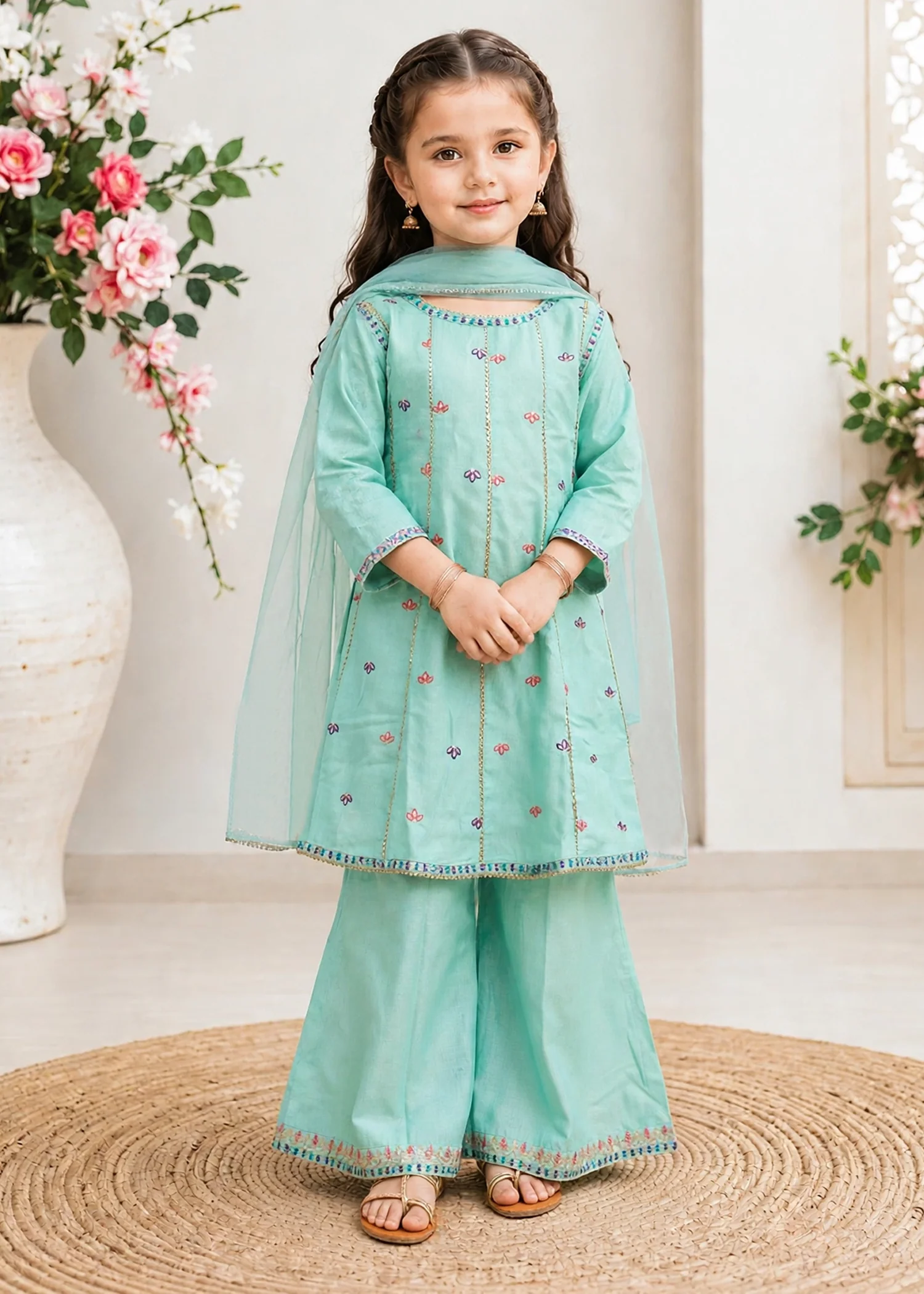 lawn cotton Short Frock in Aquamarine