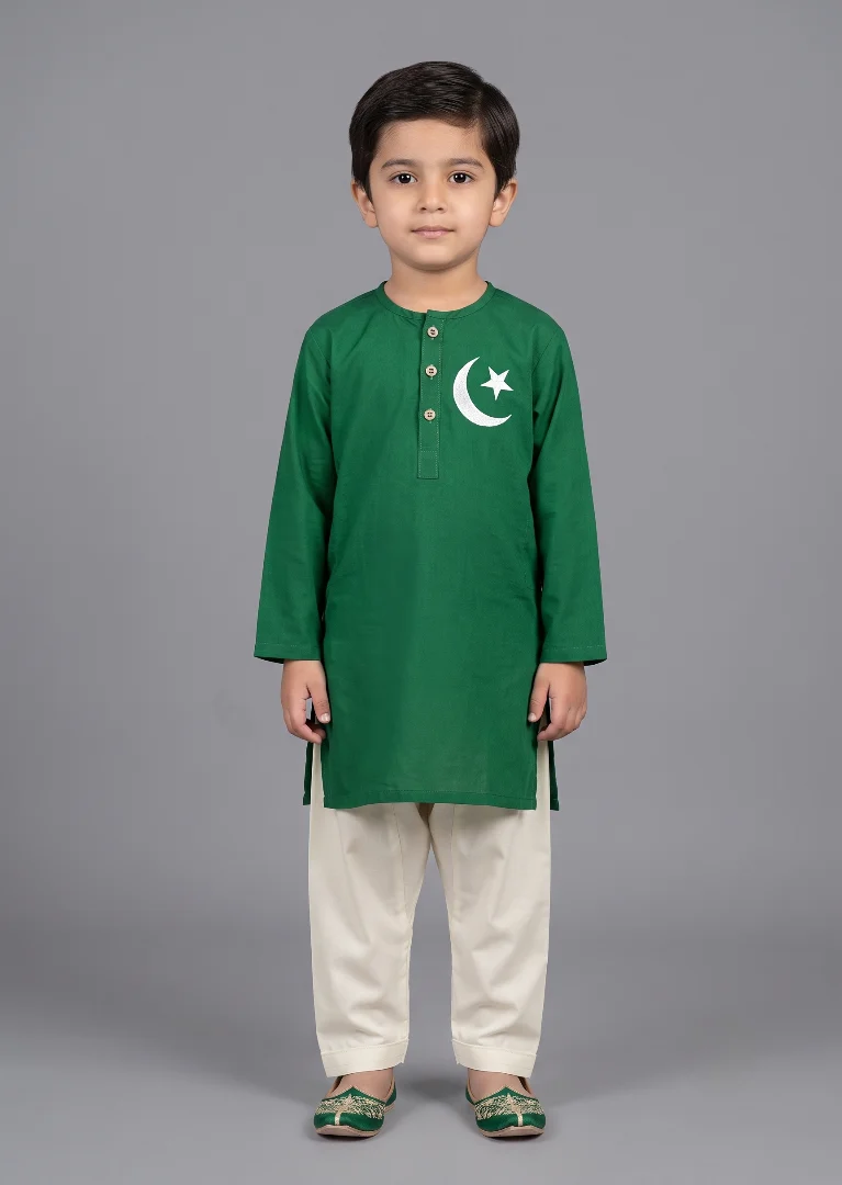 cotton Kurta Set in White, green