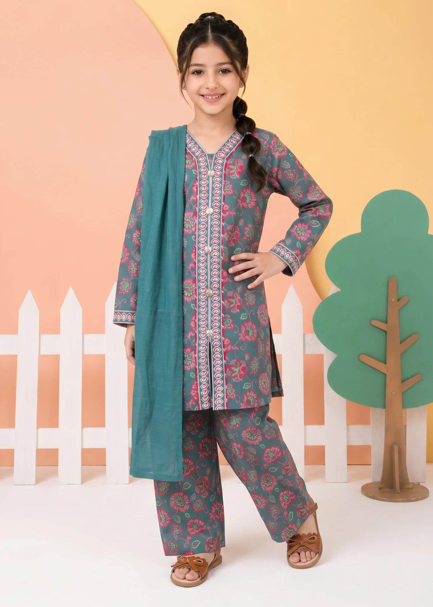 lawn Kurta Set in Teal