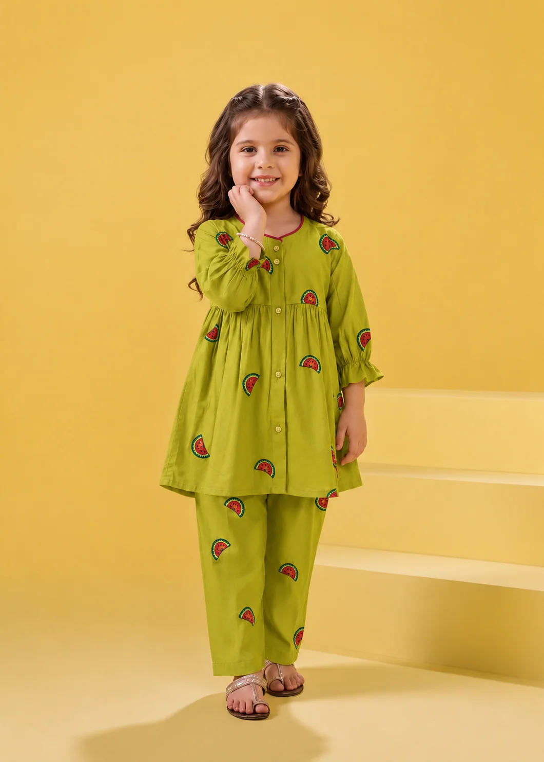 lawn cotton Short Frock in Lime green