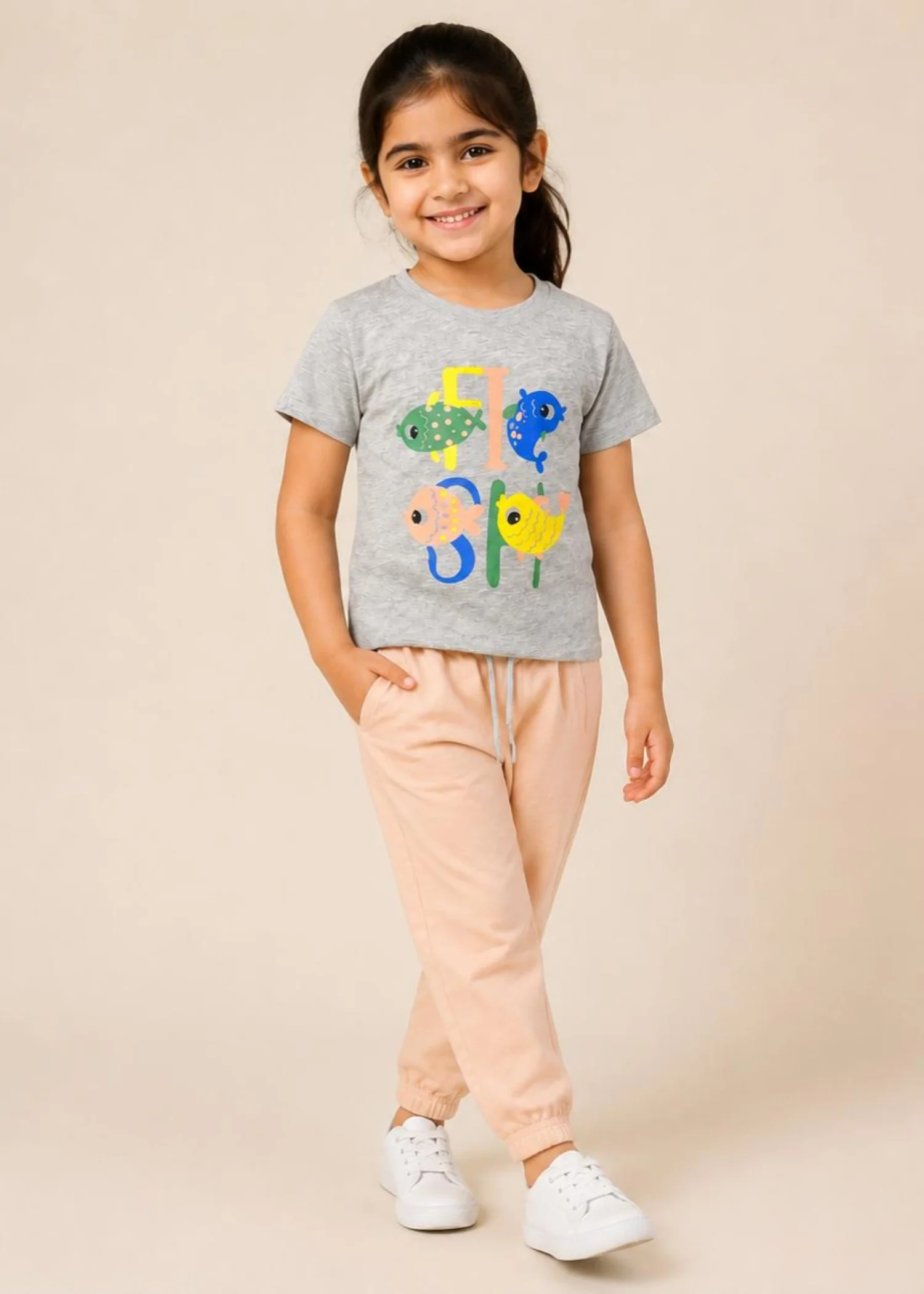 cotton jersey T Shirt in Ash grey, peach pink