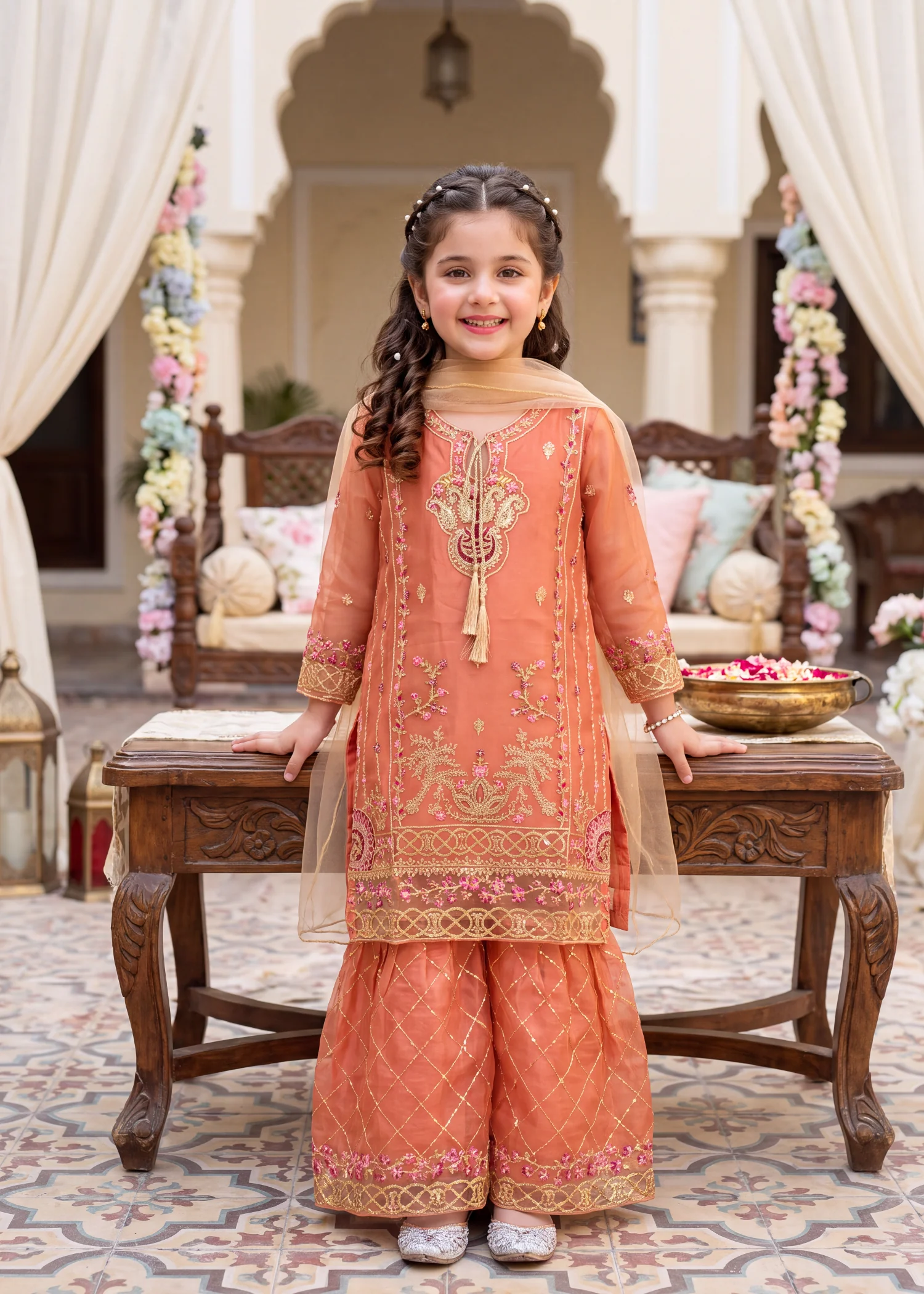 organza Gharara in Peach pink