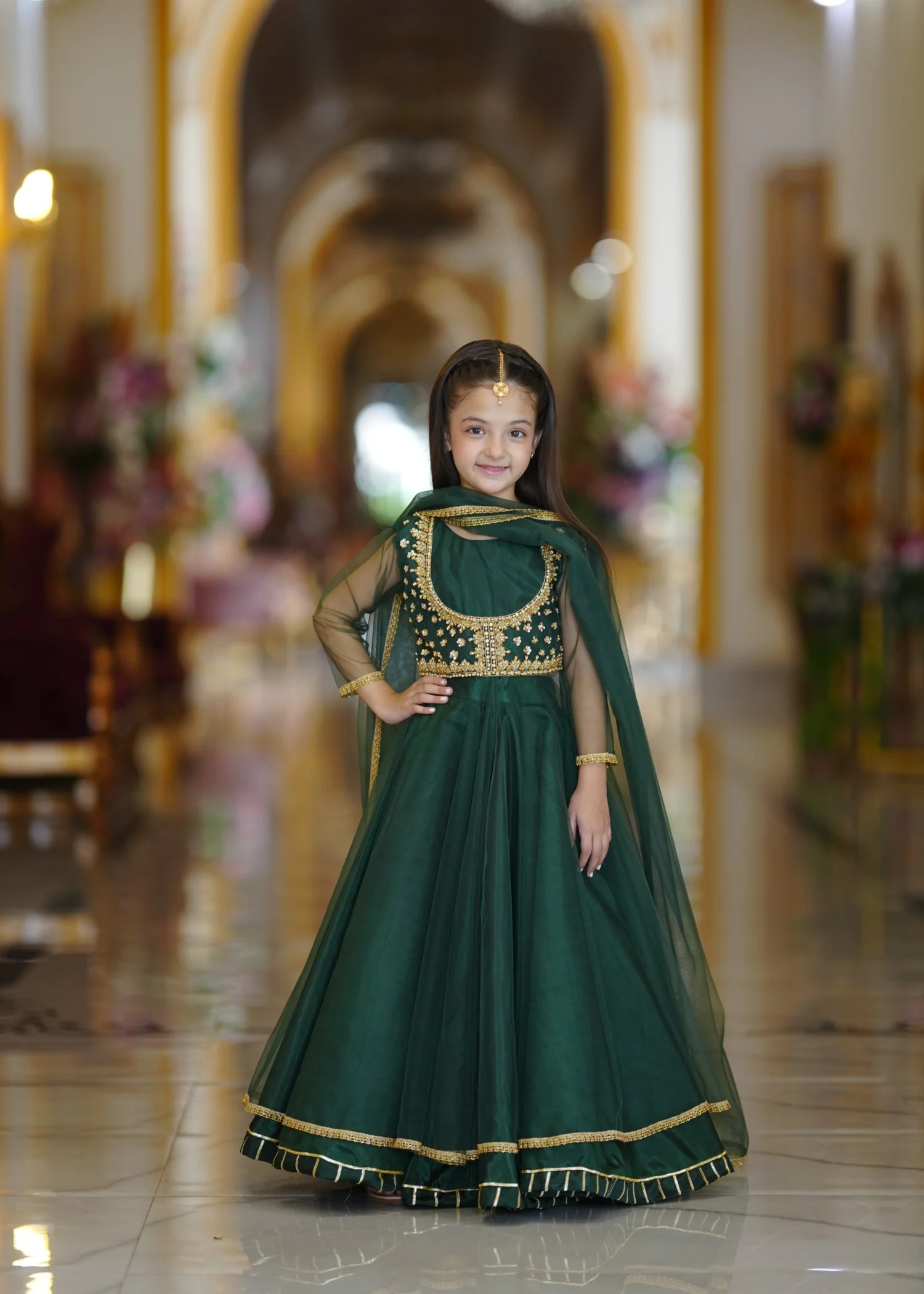 net Lehenga in Bottle green