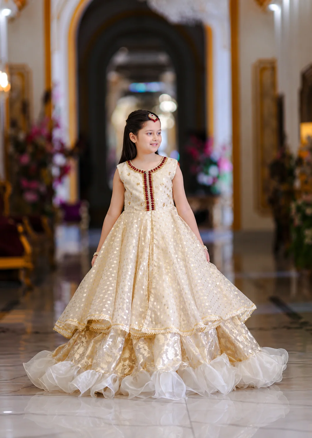 organza tissue Lehenga in Beige