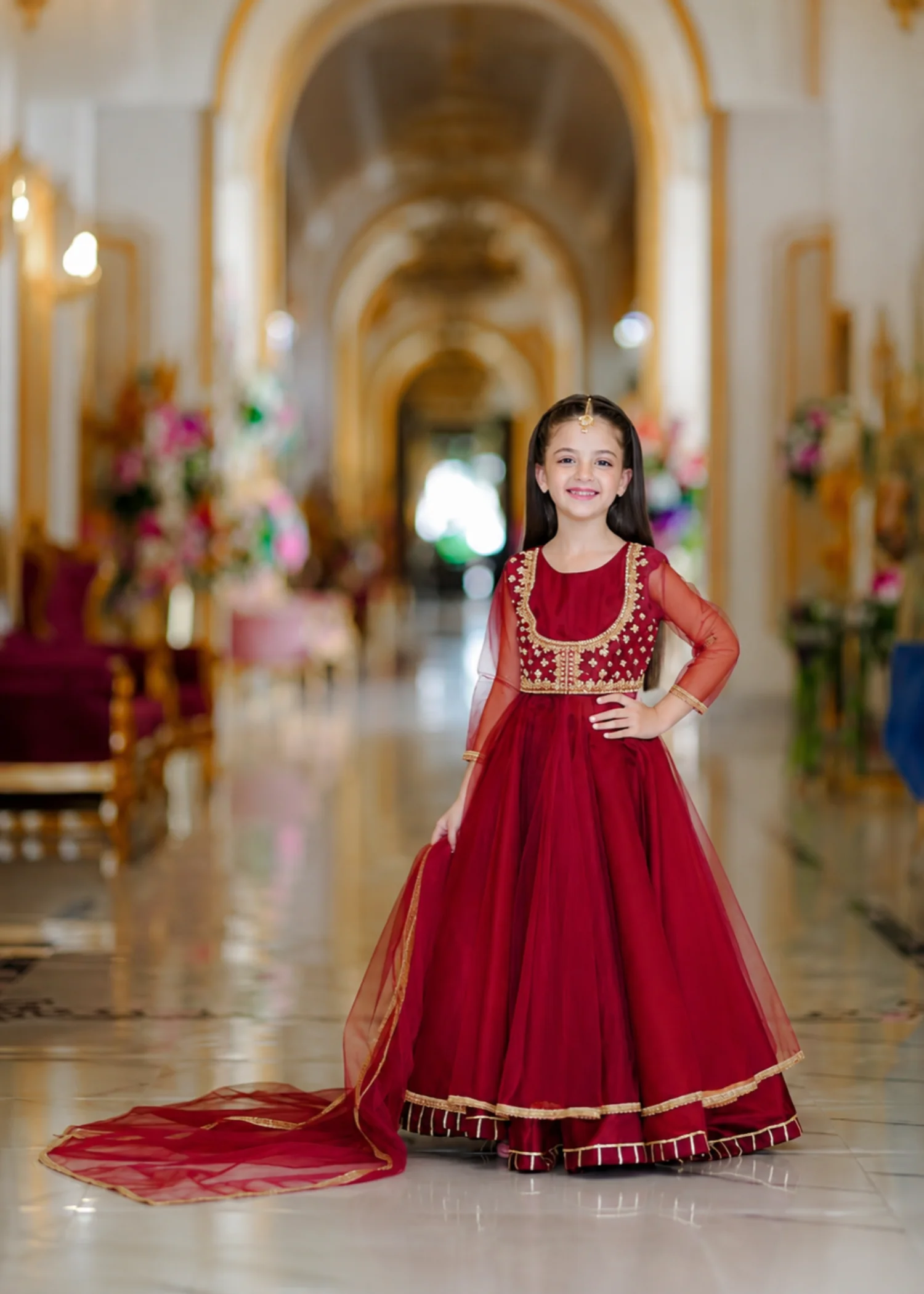 net Lehenga in Blood red