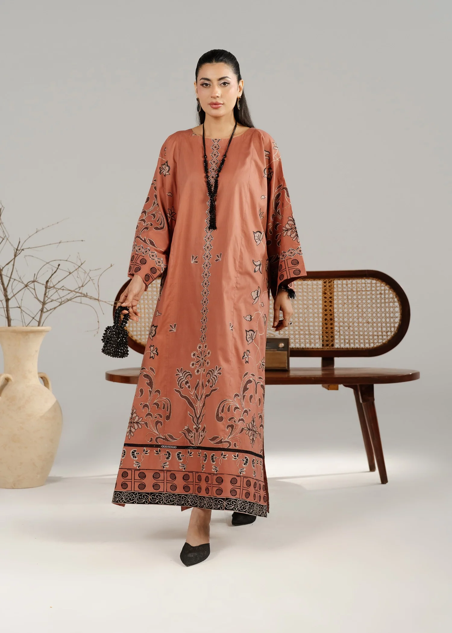 lawn Kurta Set in Rust orange