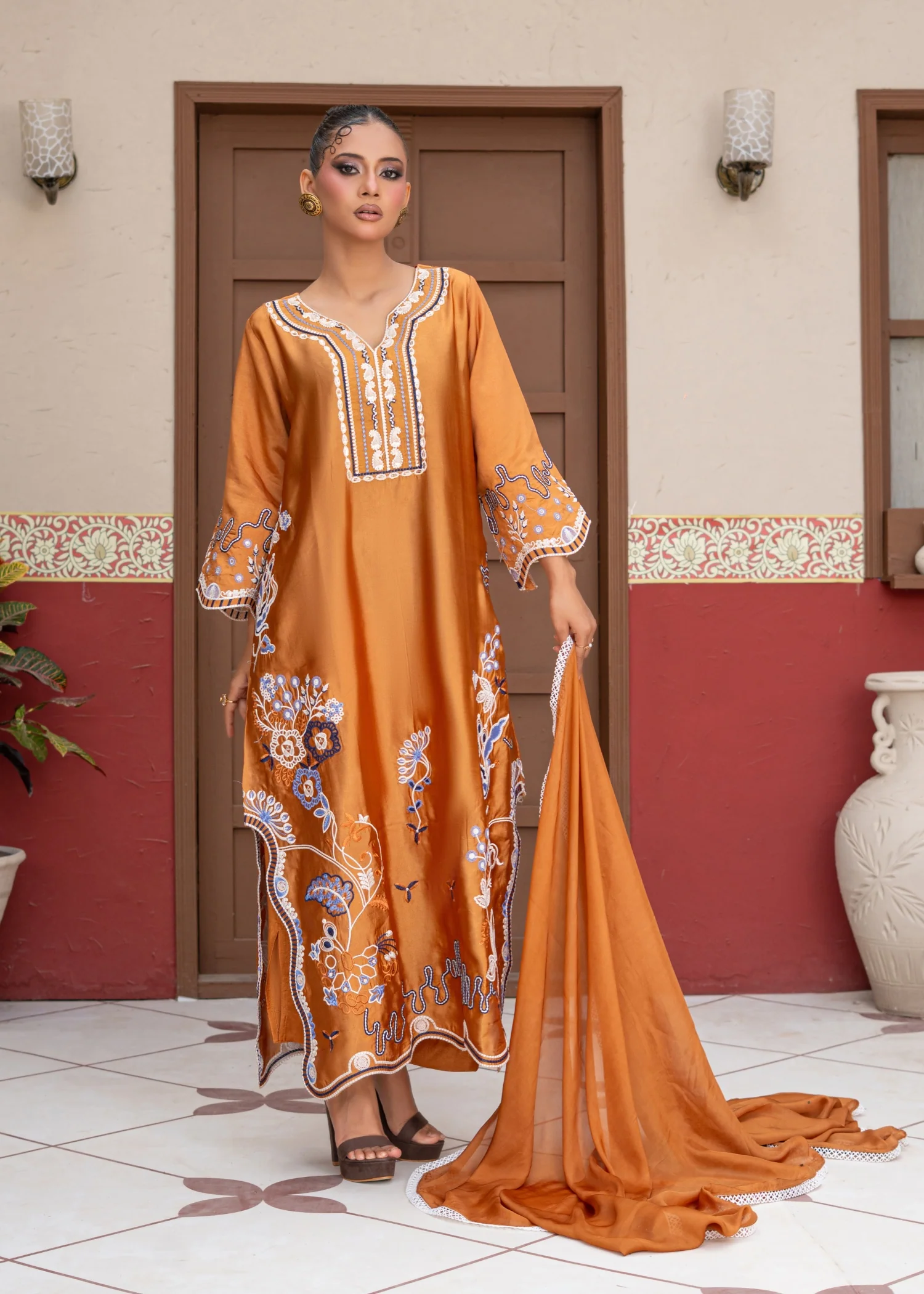 raw silk Kaftan in Mustard, yellow-orange