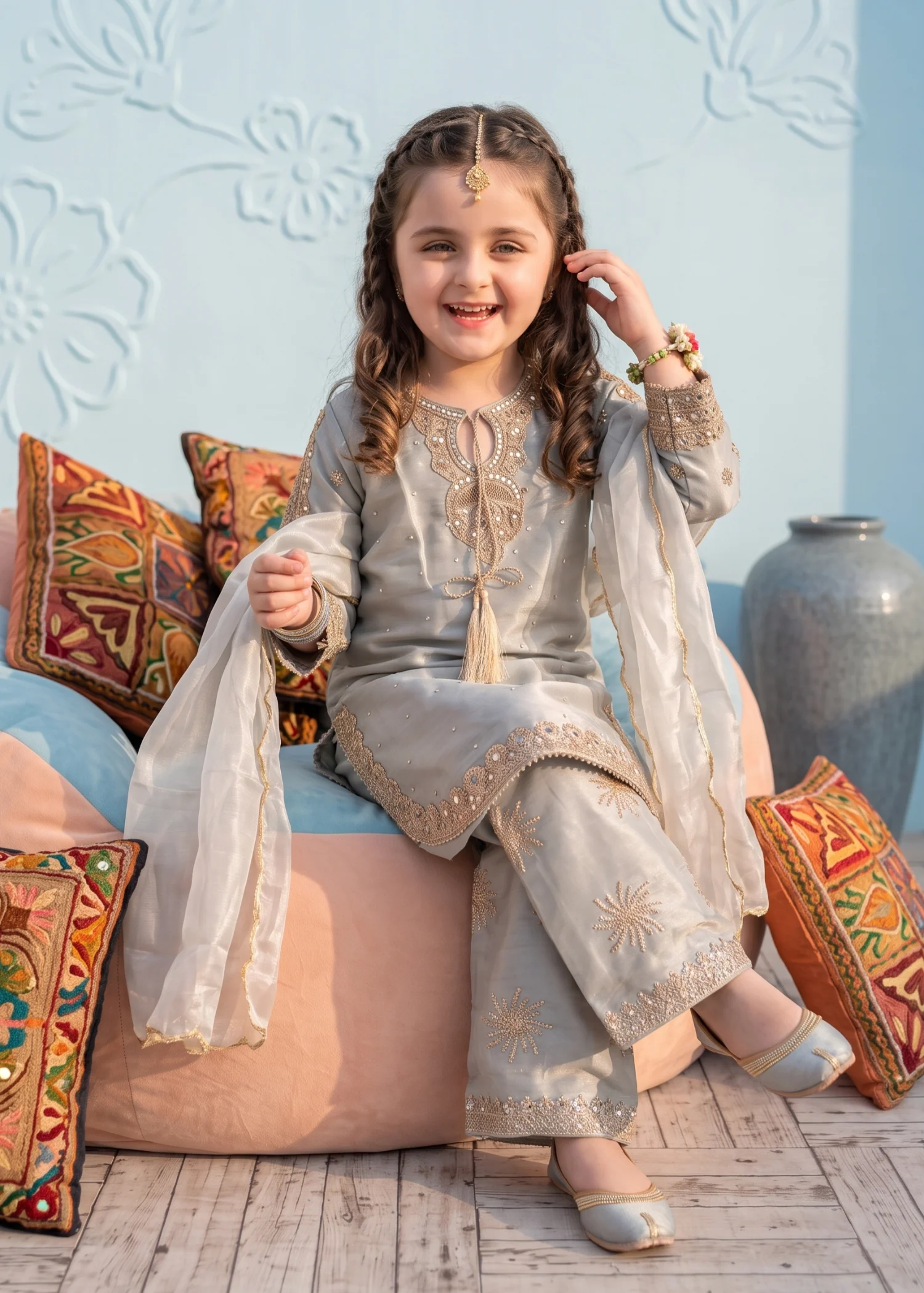 tissue silk Kurta Set in Duck egg grey