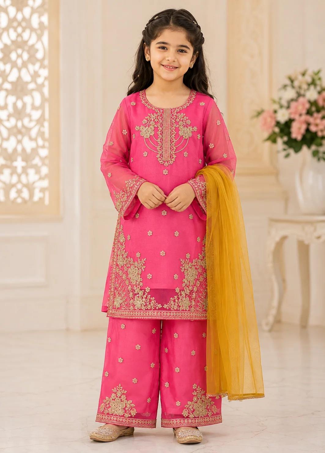 chiffon Kurta Set in Bubblegum pink